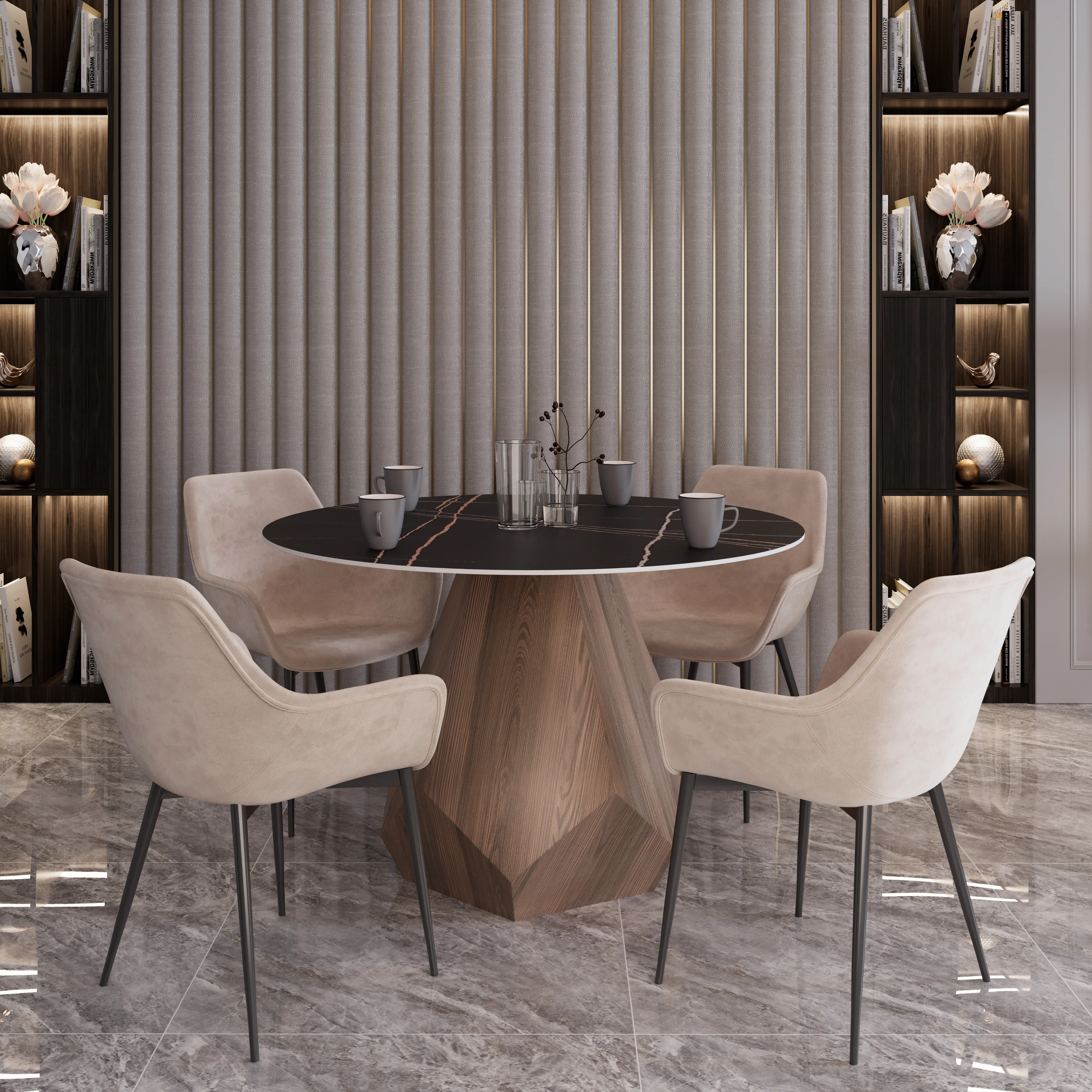 Nebo Modern Dining Table in Walnut Base with Black Sintered Stone  Top