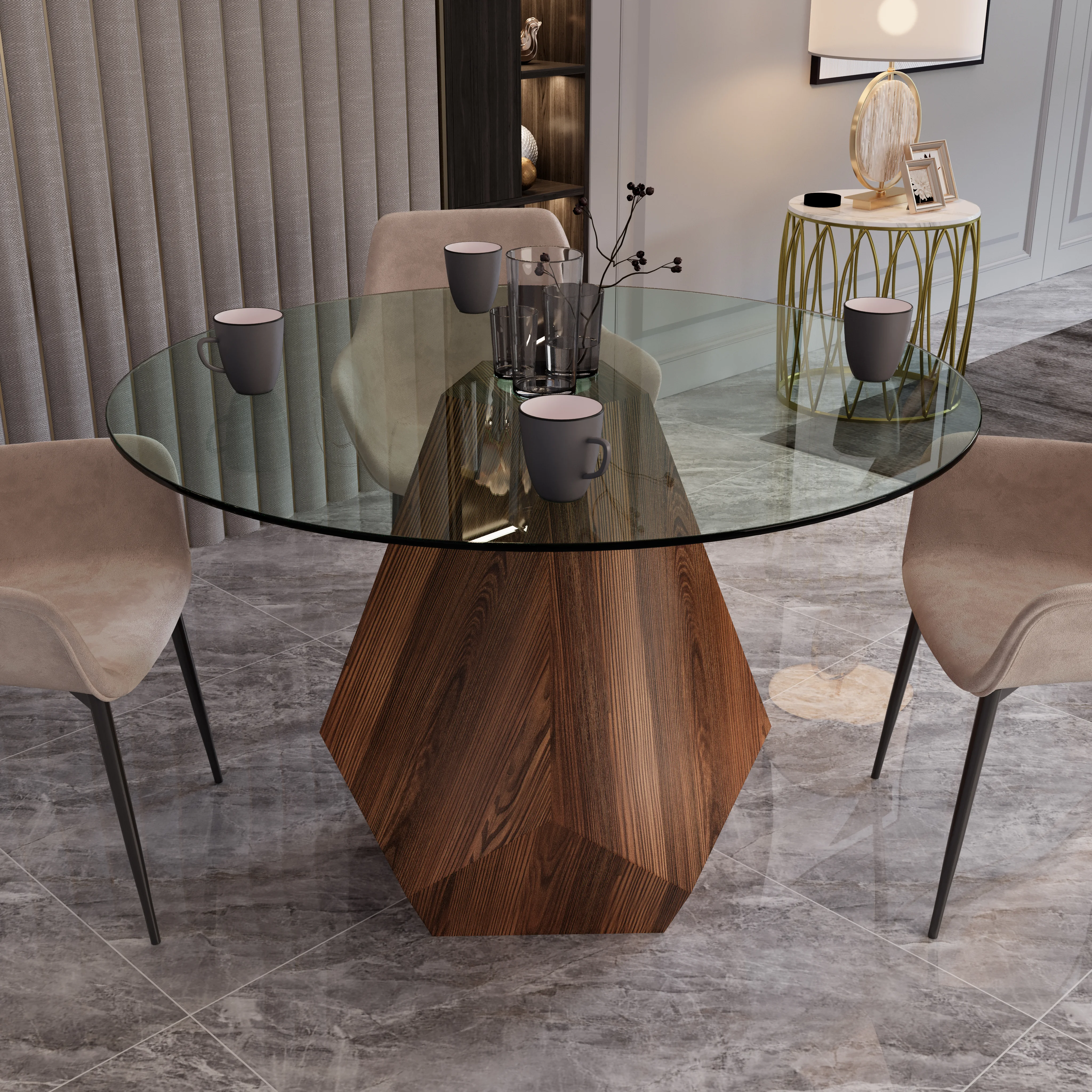 Nebo Modern Dining Table in Walnut Base with Clear Glass Top