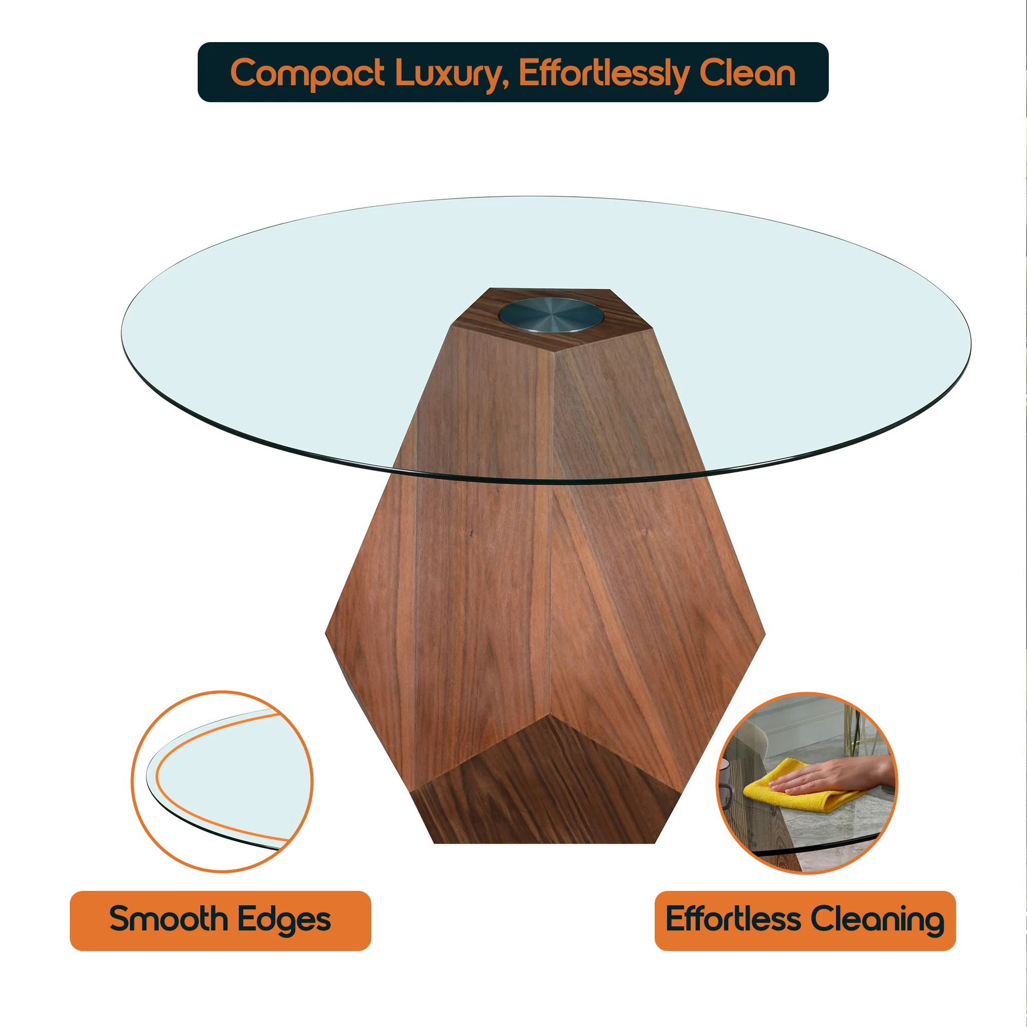 Nebo Modern Dining Table in Walnut Base with Clear Glass Top