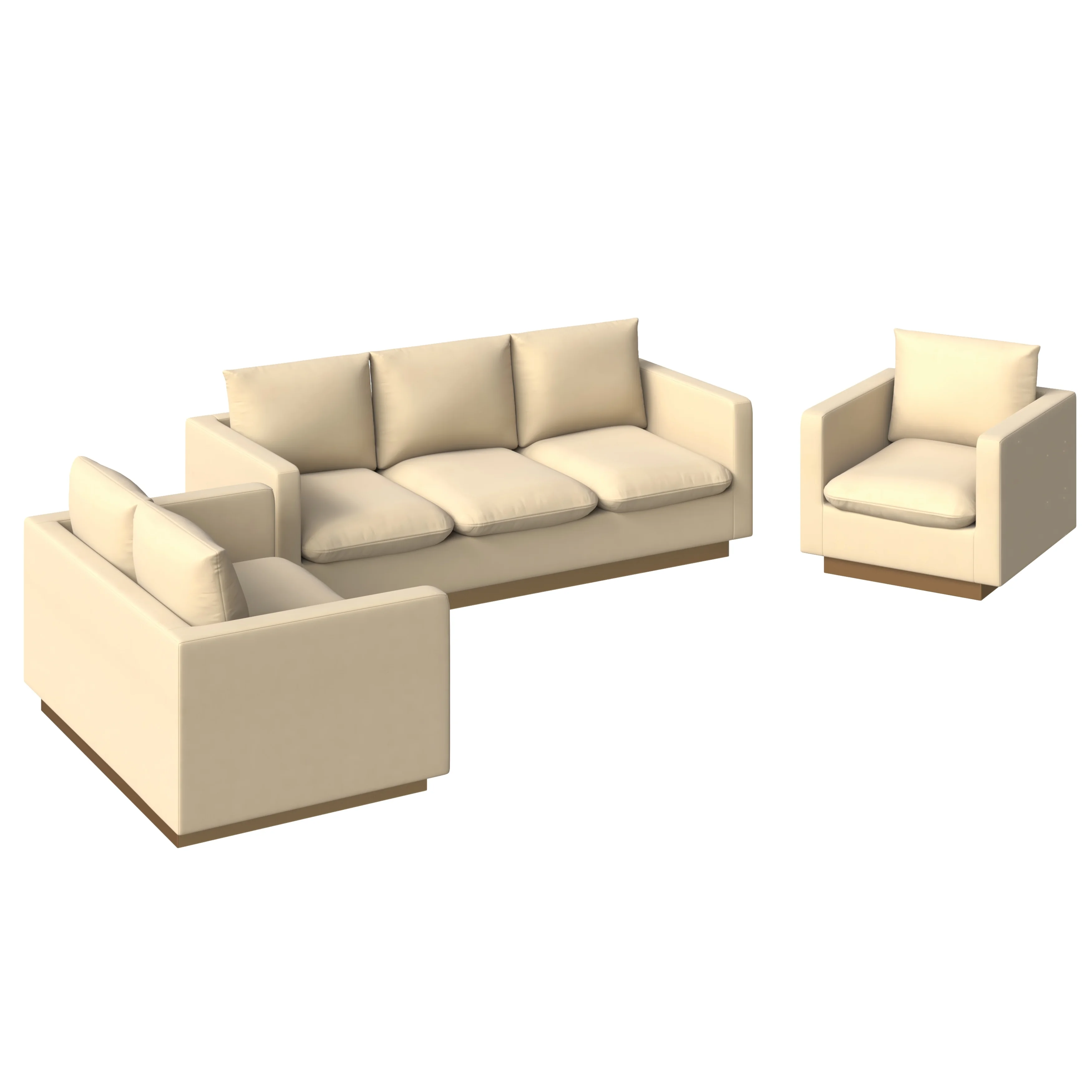 Nervo Velvet 3-Piece Living Room Sofa Set With Gold Frame Beige