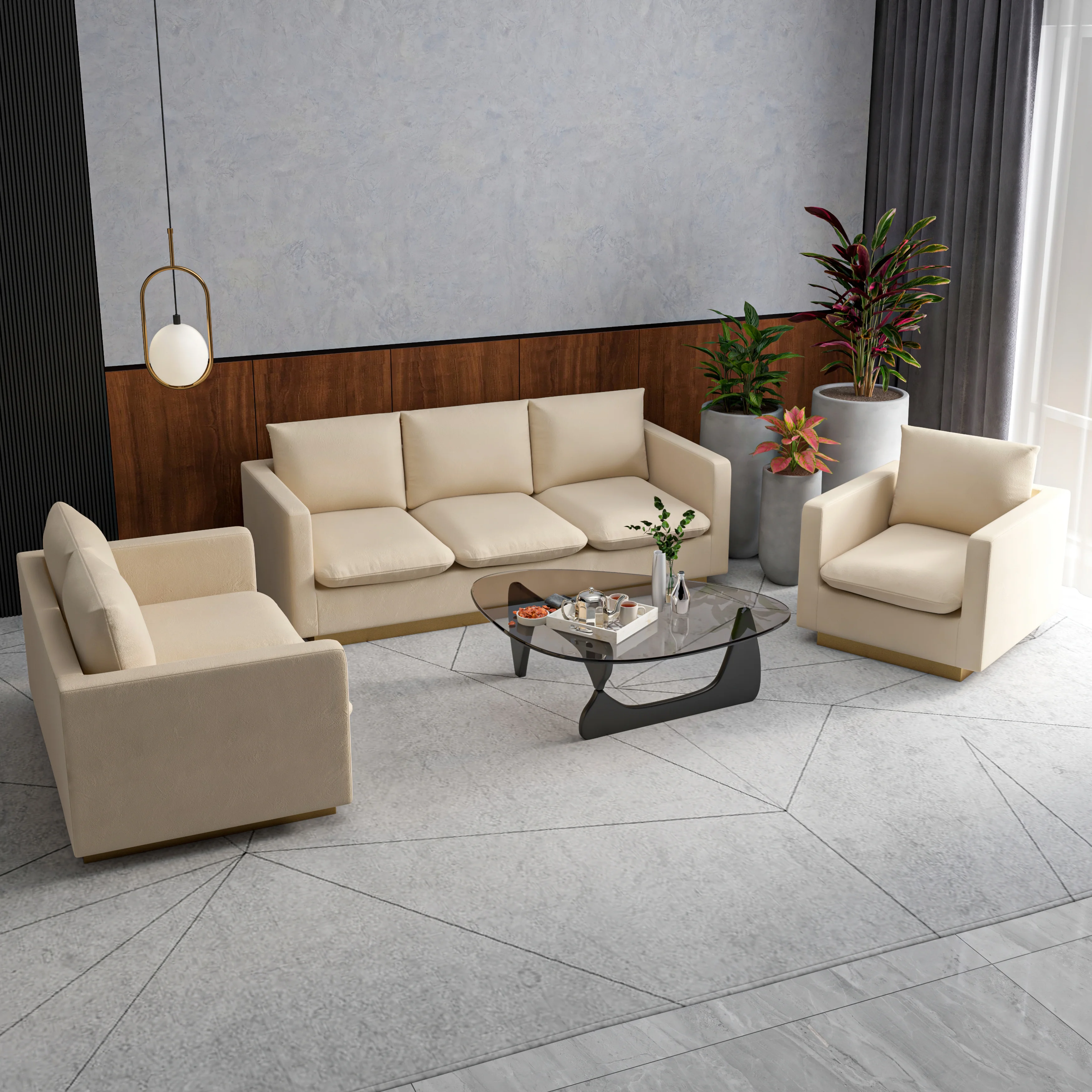 Nervo Velvet 3-Piece Living Room Sofa Set With Gold Frame Beige