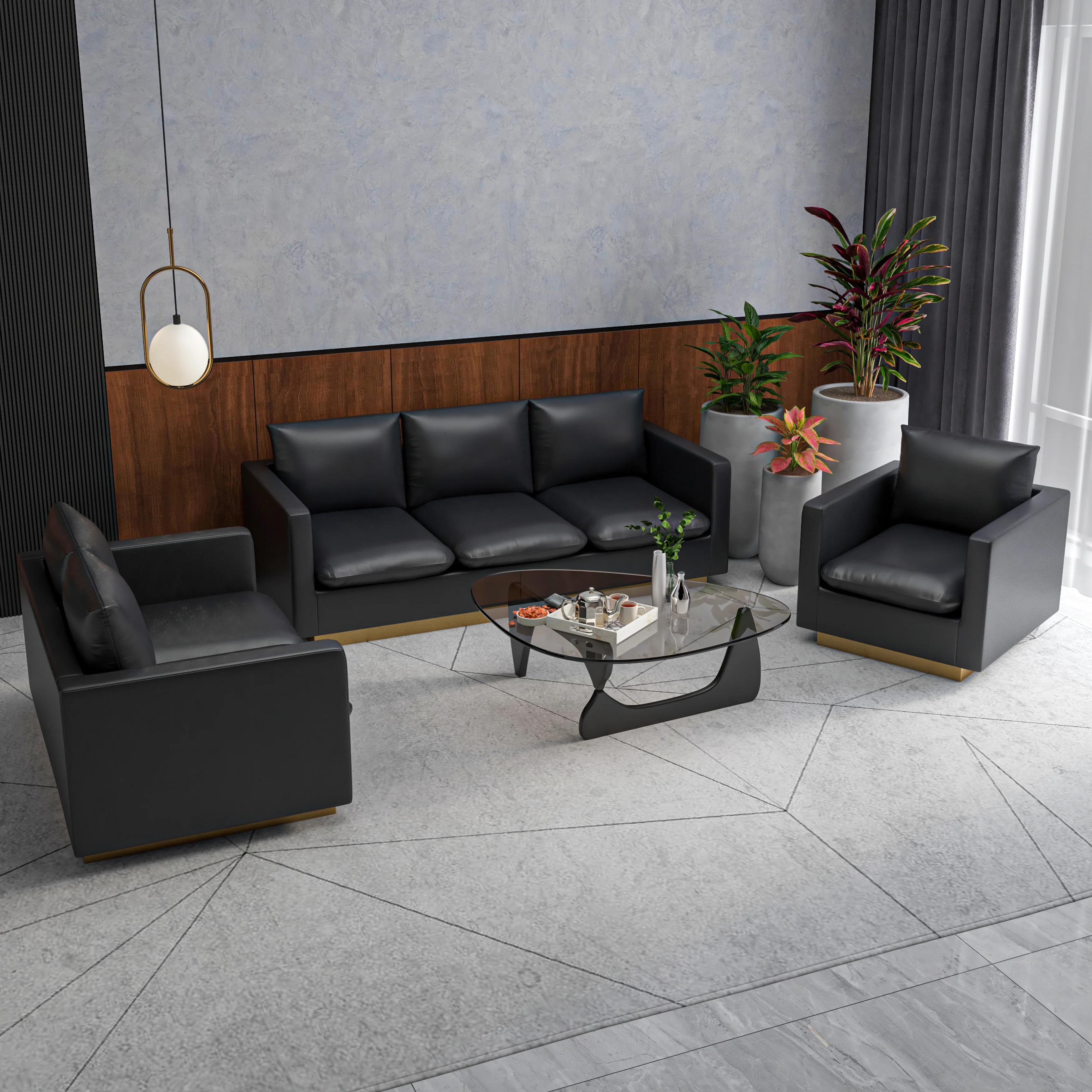 Nervo Leather 3-Piece Living Room Sofa Set With Gold Frame Black