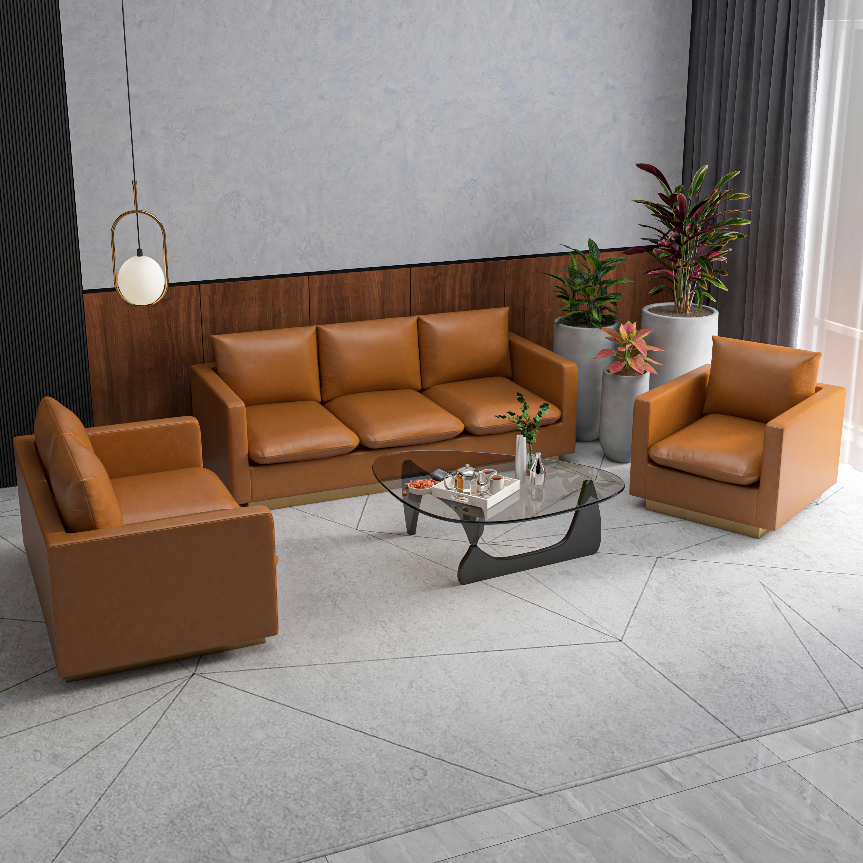 Nervo Leather 3-Piece Living Room Sofa Set With Gold Frame Cognac Tan