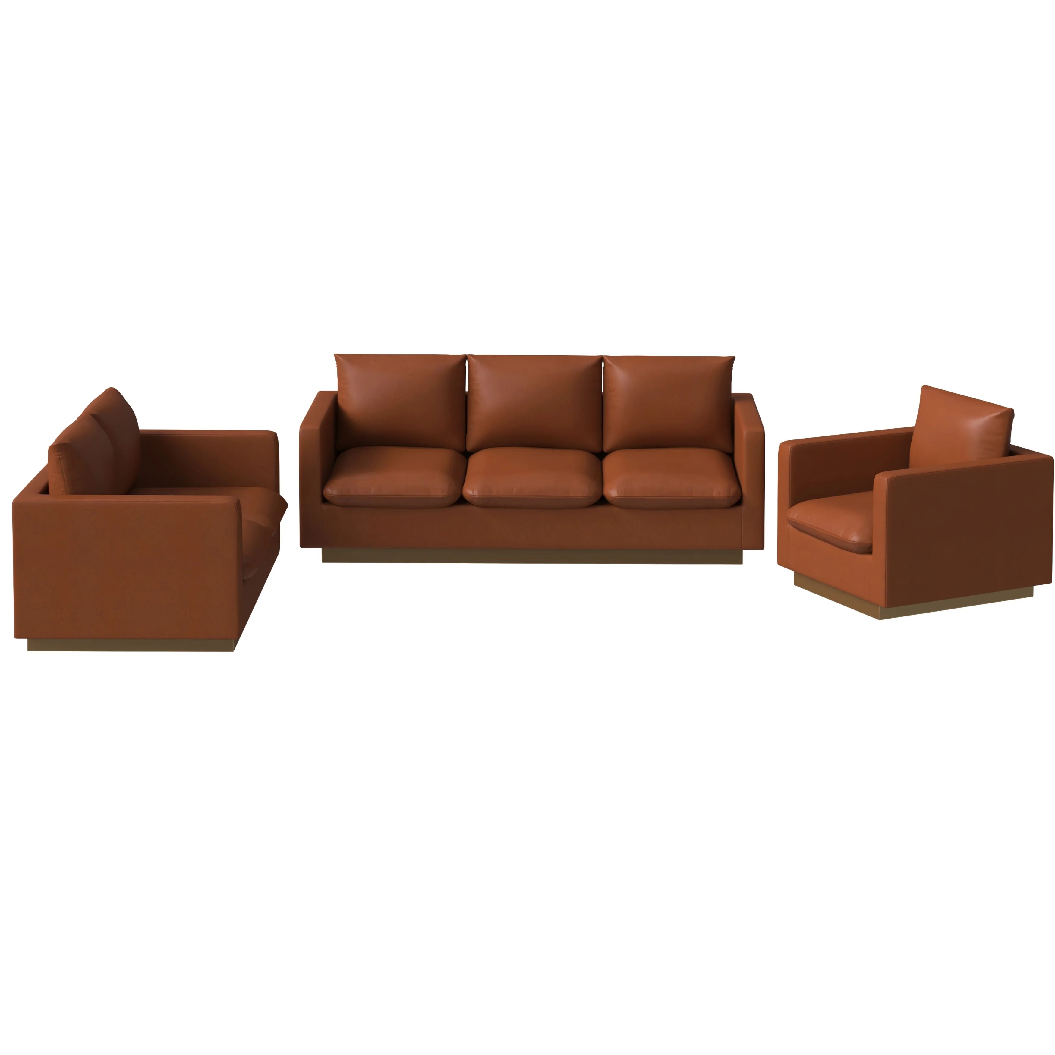 Nervo Leather 3-Piece Living Room Sofa Set With Gold Frame Cognac Tan