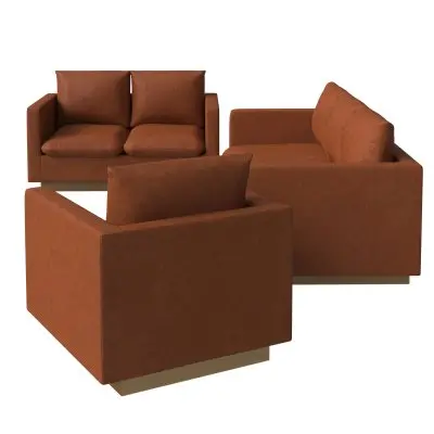 Nervo Leather 3-Piece Living Room Sofa Set With Gold Frame Cognac Tan