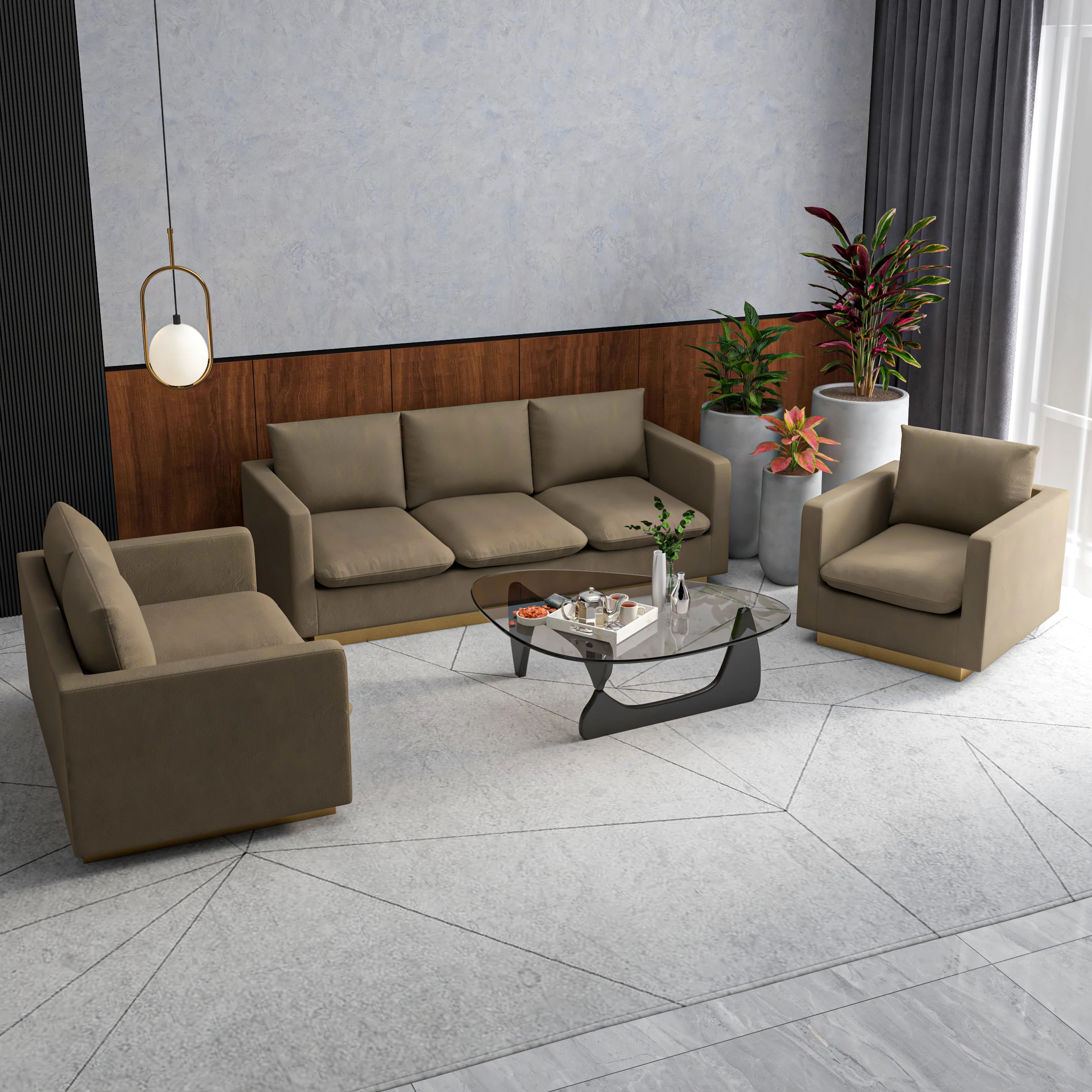 Nervo Velvet 3-Piece Living Room Sofa Set With Gold Frame Dark Grey