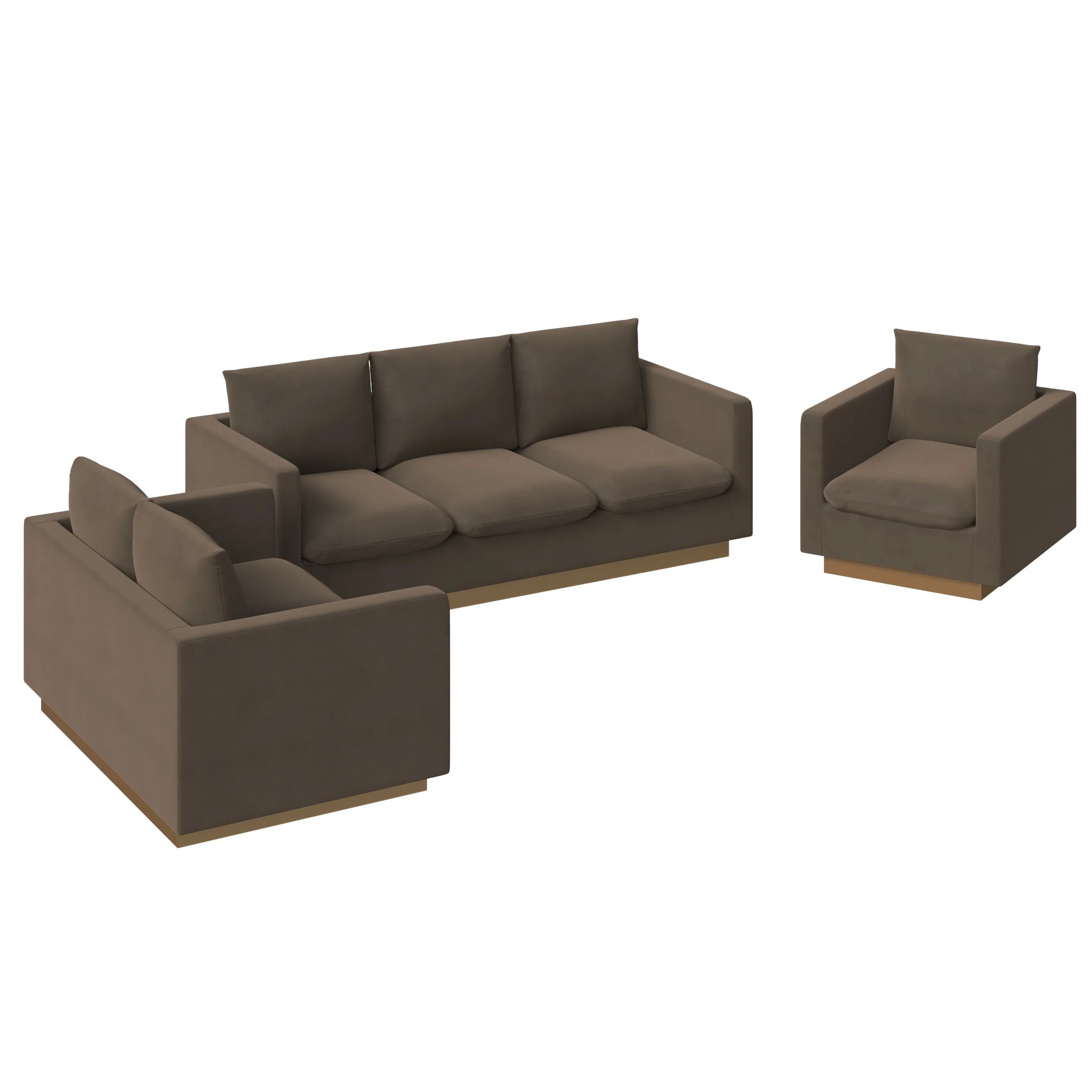 Nervo Velvet 3-Piece Living Room Sofa Set With Gold Frame Dark Grey
