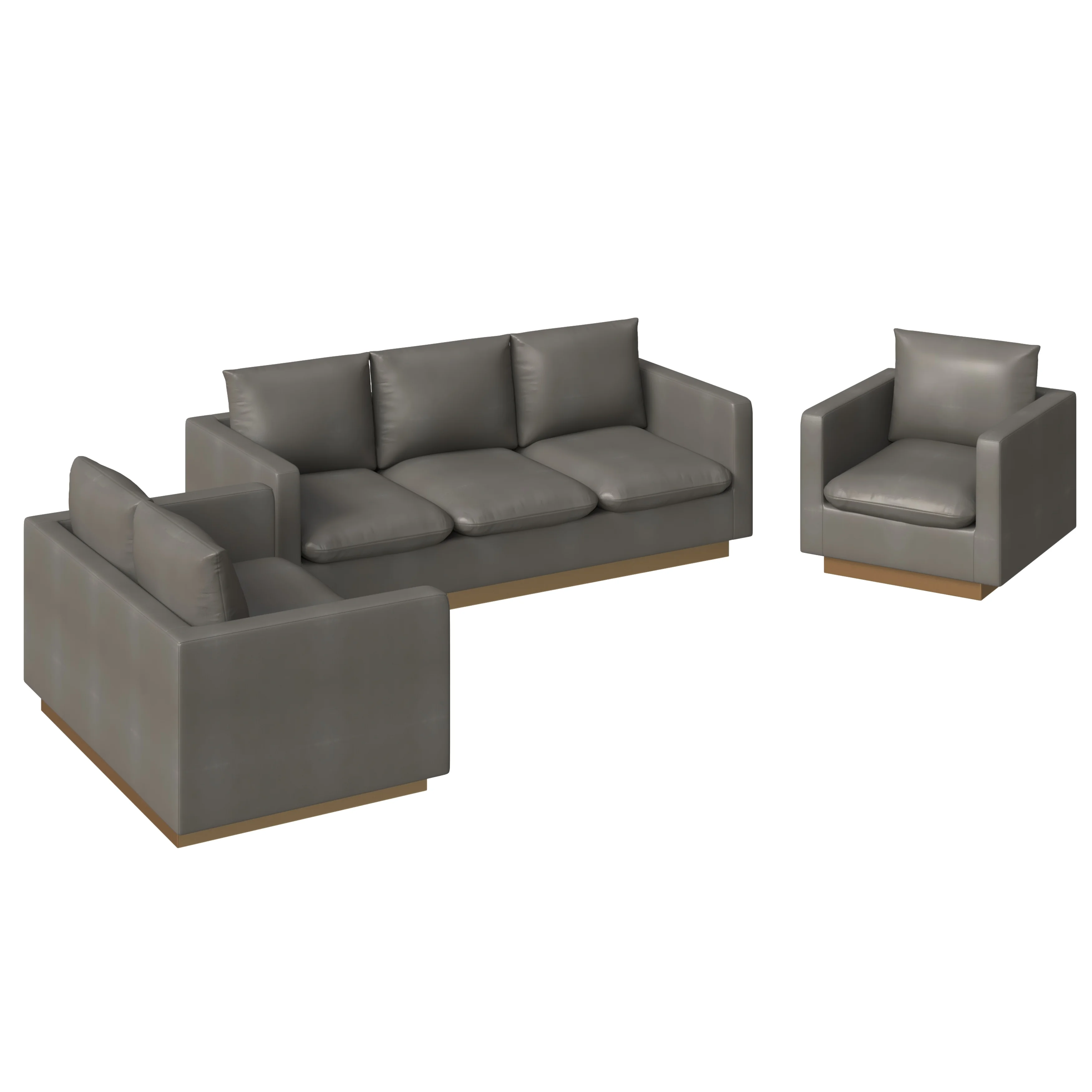 Nervo Leather 3-Piece Living Room Sofa Set With Gold Frame Grey
