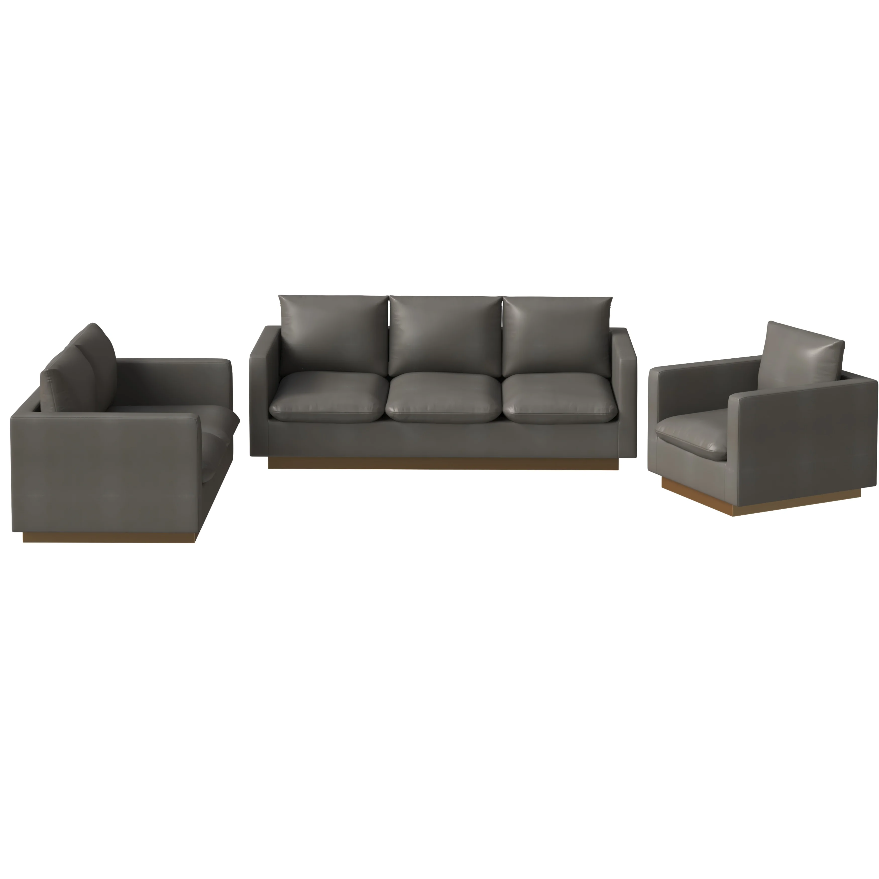 Nervo Leather 3-Piece Living Room Sofa Set With Gold Frame Grey