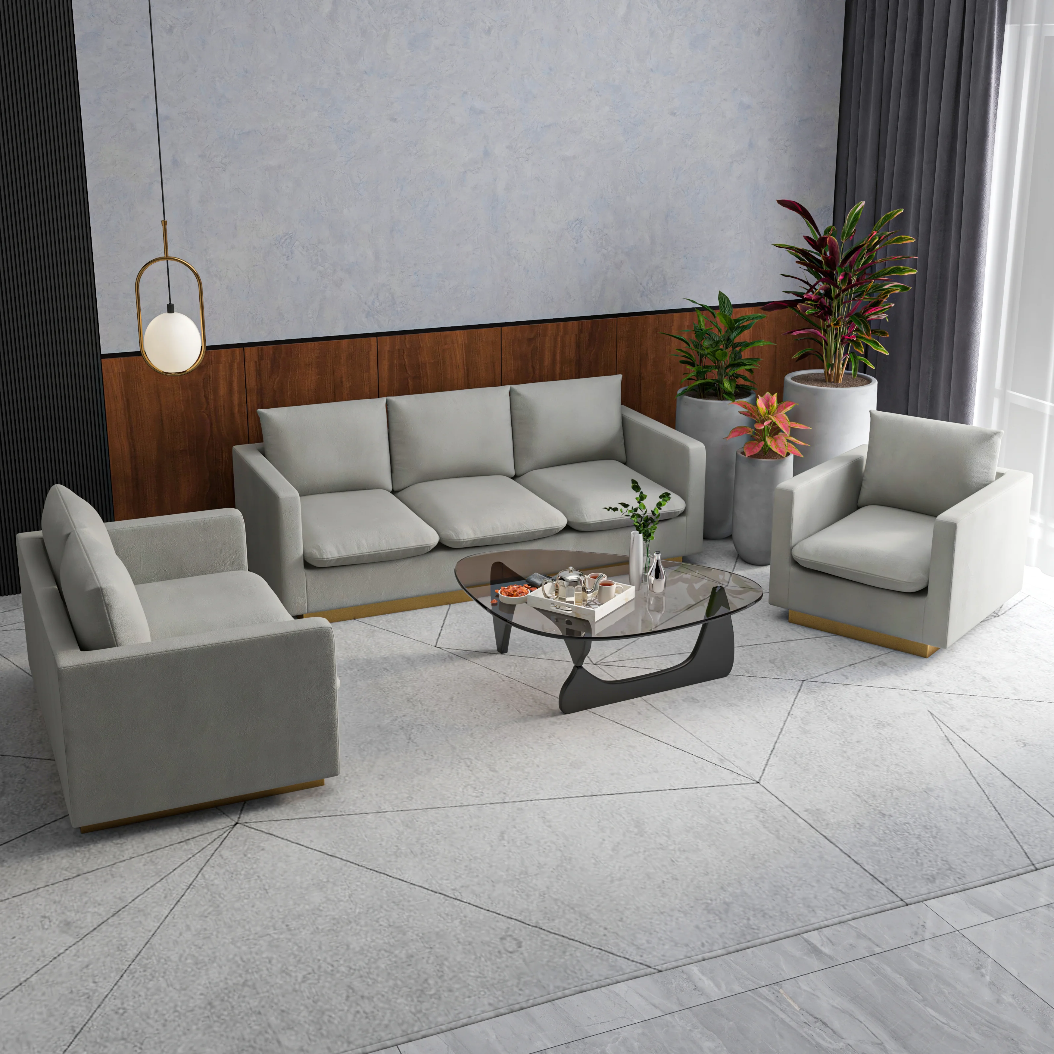 Nervo Velvet 3-Piece Living Room Sofa Set With Gold Frame Light Grey