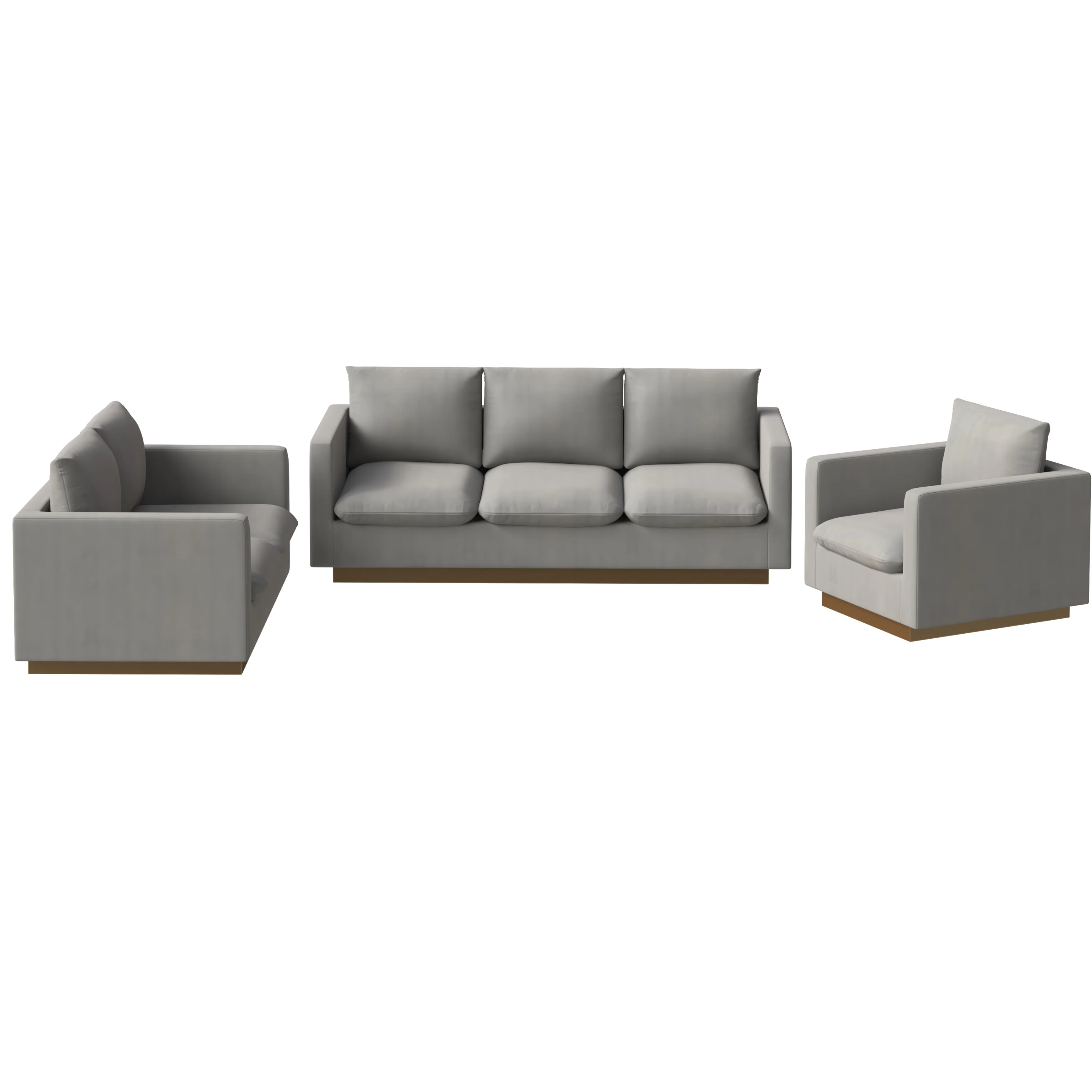 Nervo Velvet 3-Piece Living Room Sofa Set With Gold Frame Light Grey