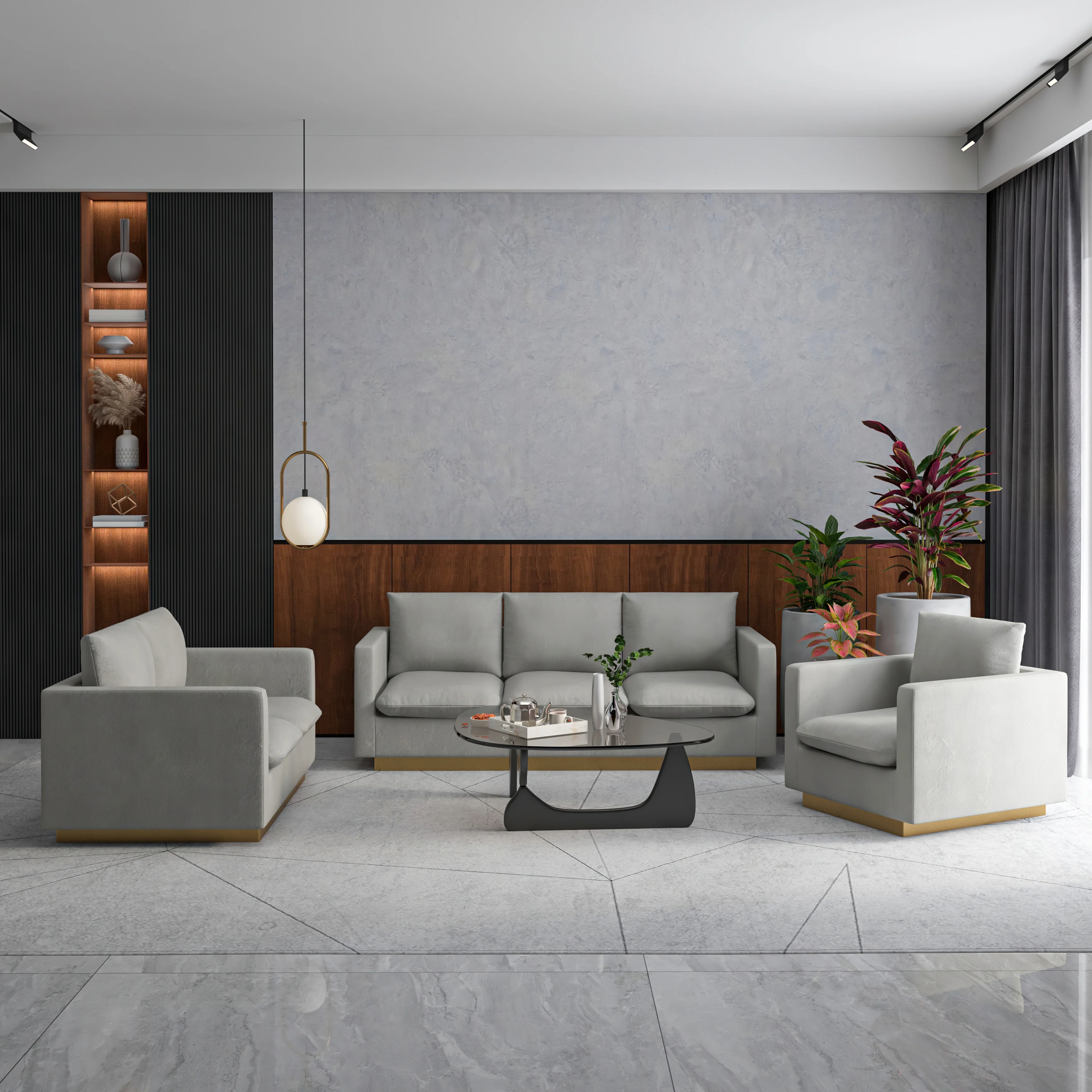 Nervo Velvet 3-Piece Living Room Sofa Set With Gold Frame Light Grey