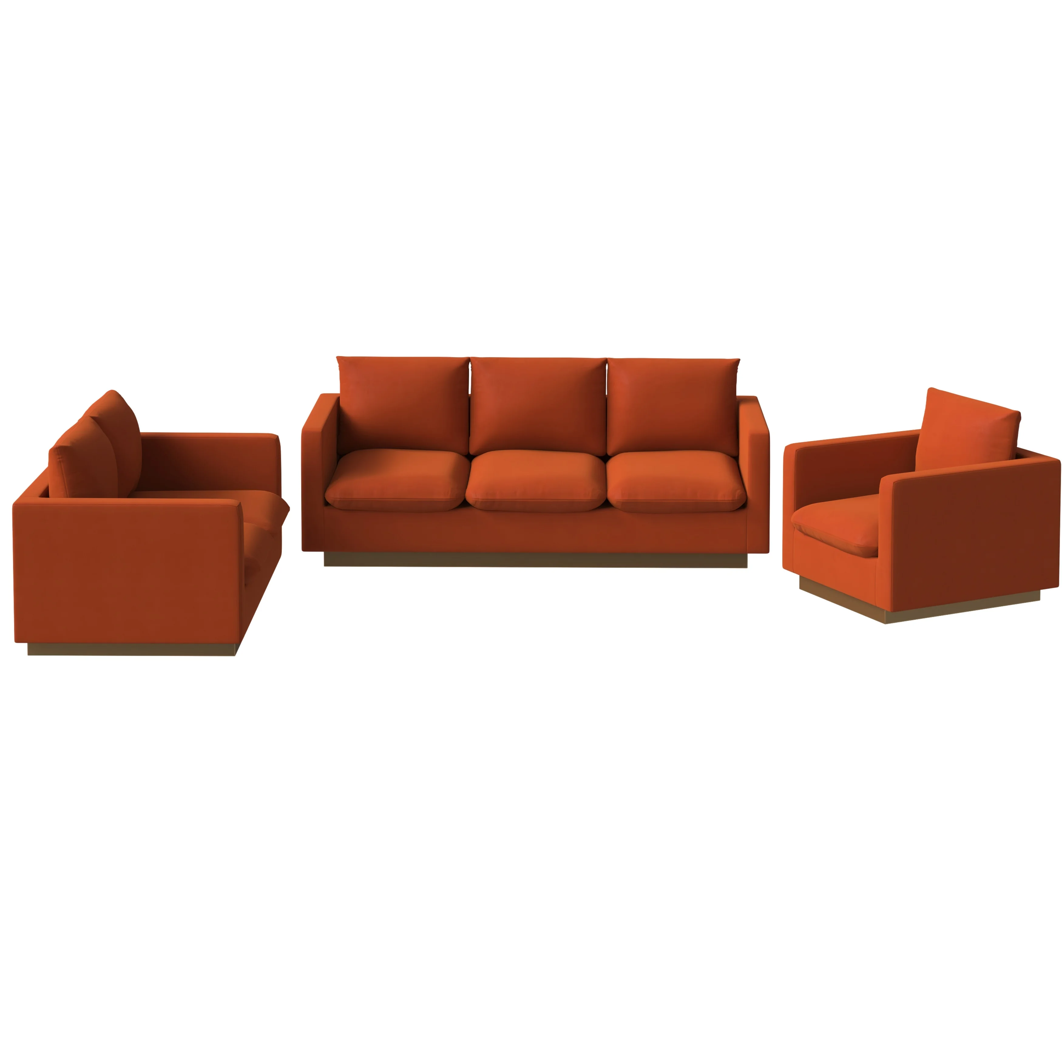 Nervo Velvet 3-Piece Living Room Sofa Set With Gold Frame Orange Marmalade