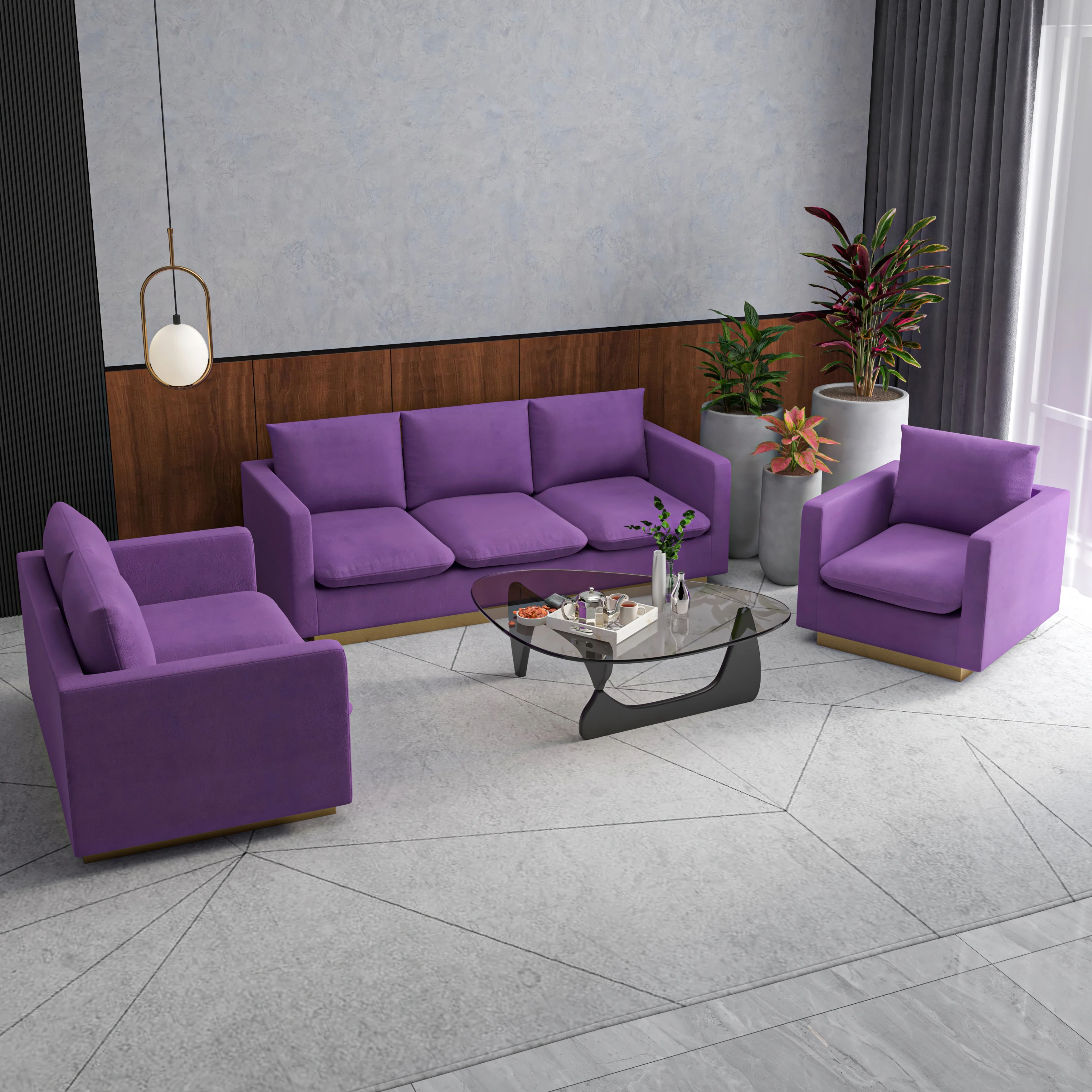 Nervo Velvet 3-Piece Living Room Sofa Set With Gold Frame Purple