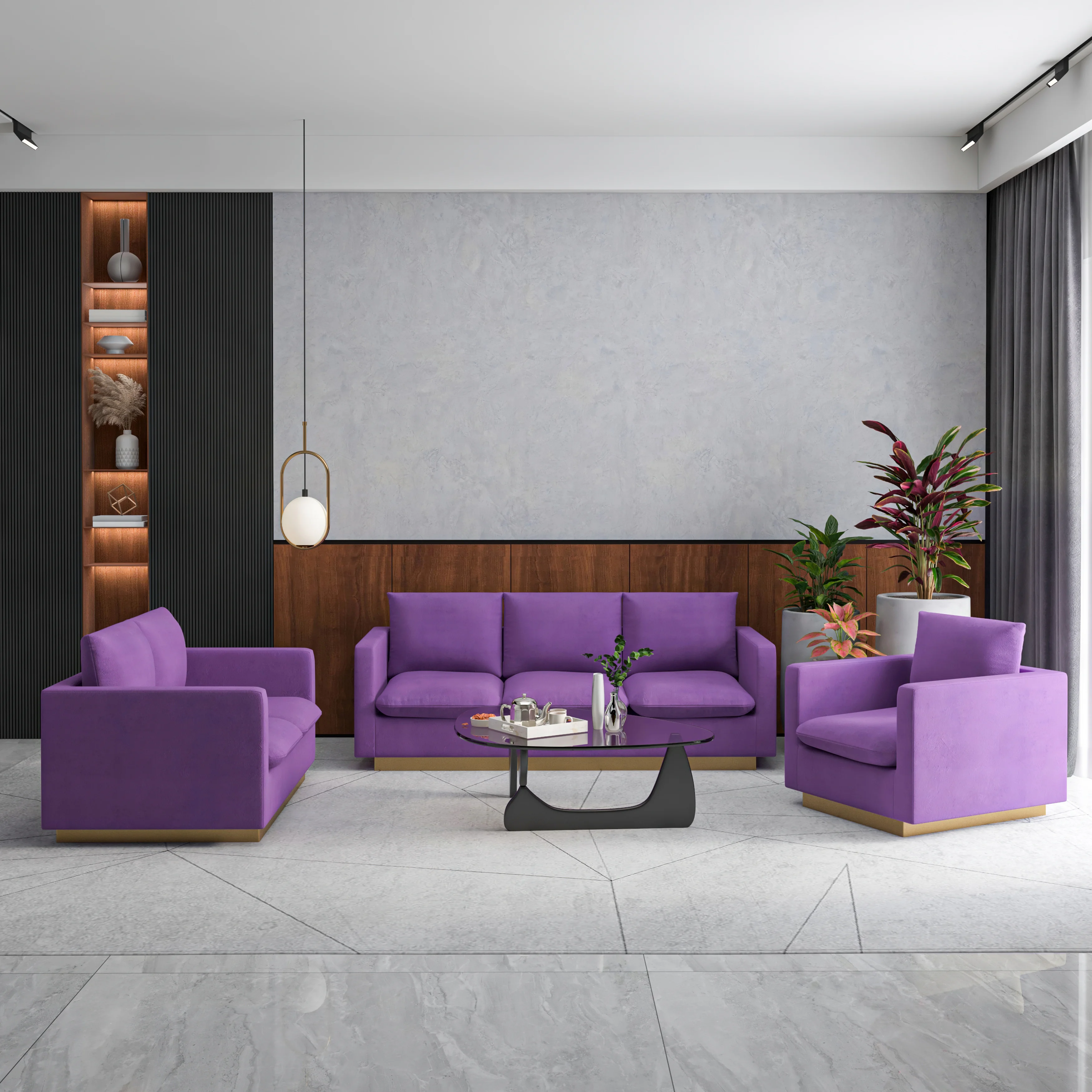 Nervo Velvet 3-Piece Living Room Sofa Set With Gold Frame Purple