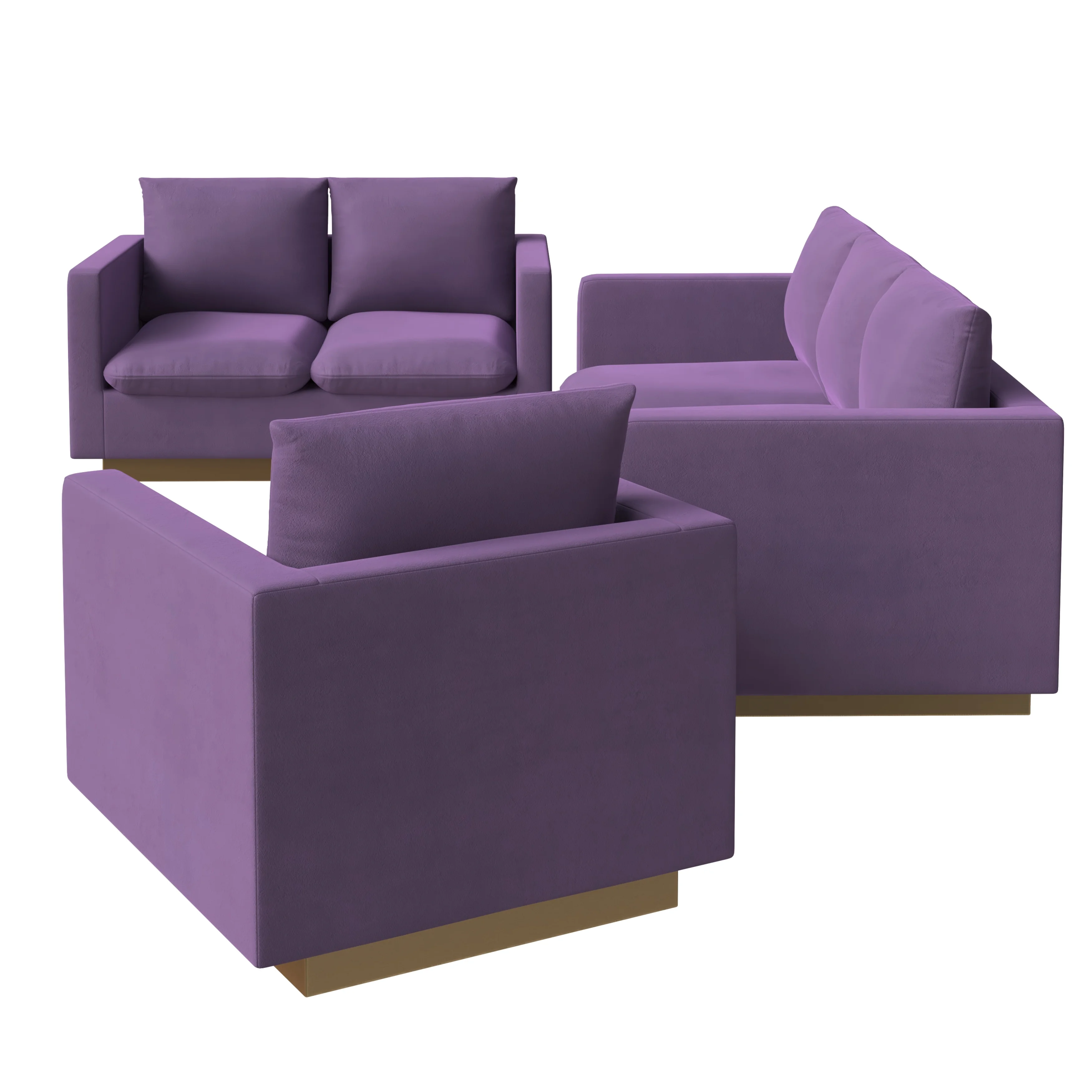 Nervo Velvet 3-Piece Living Room Sofa Set With Gold Frame Purple