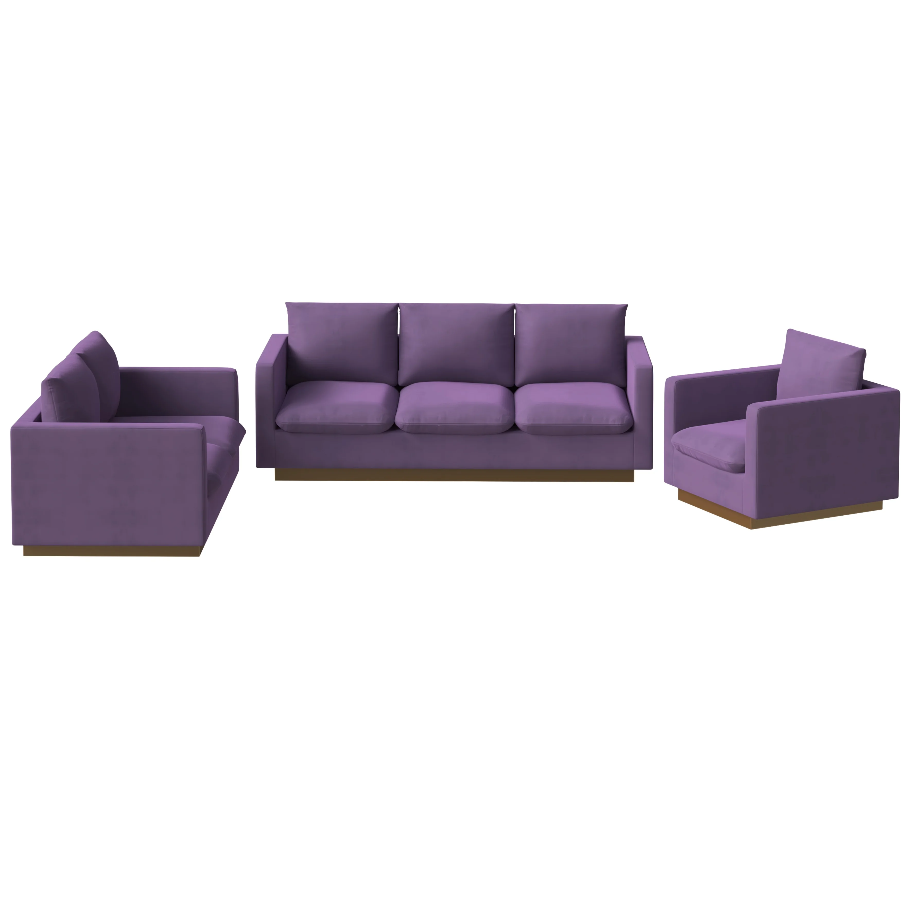 Nervo Velvet 3-Piece Living Room Sofa Set With Gold Frame Purple