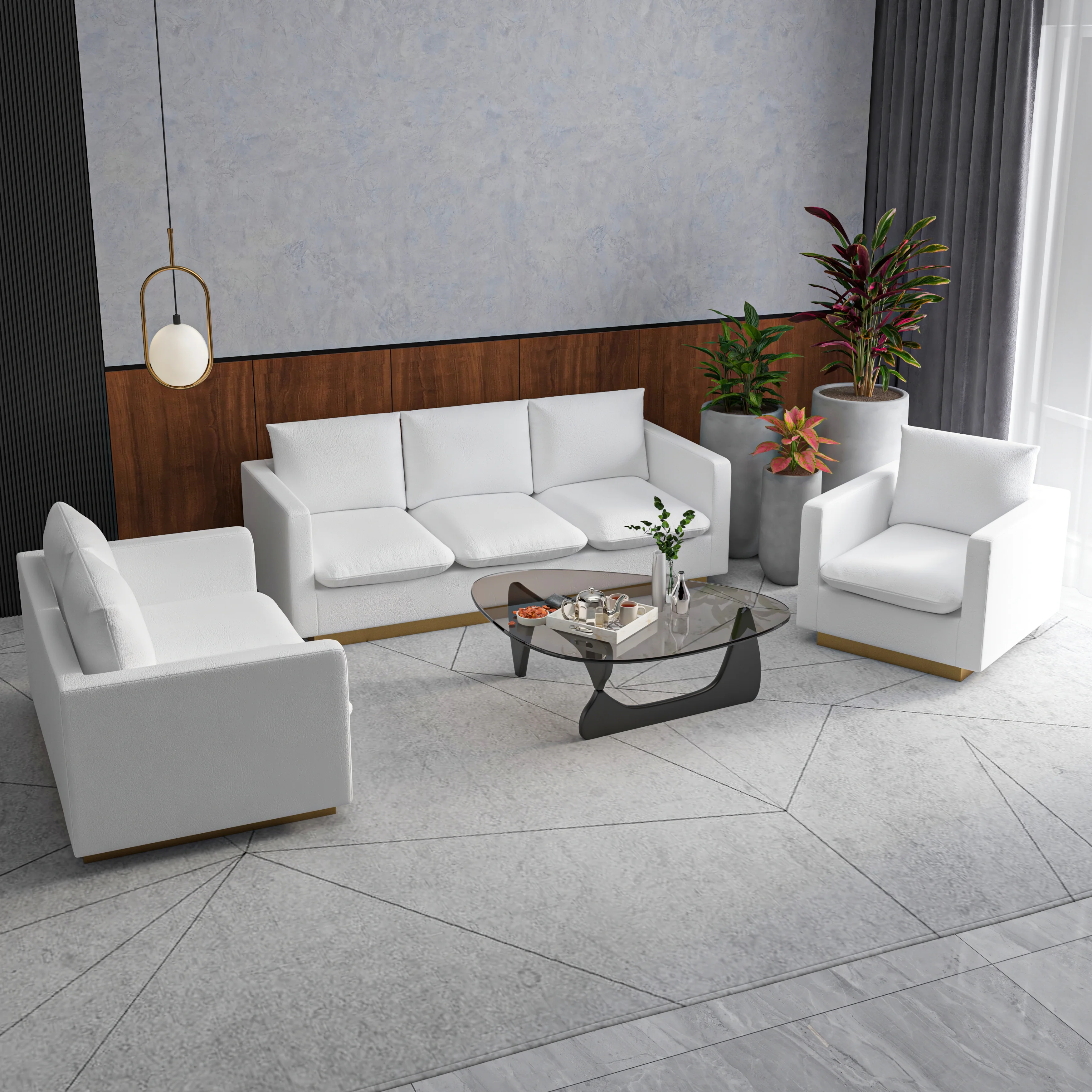 Nervo Leather 3-Piece Living Room Sofa Set With Gold Frame White