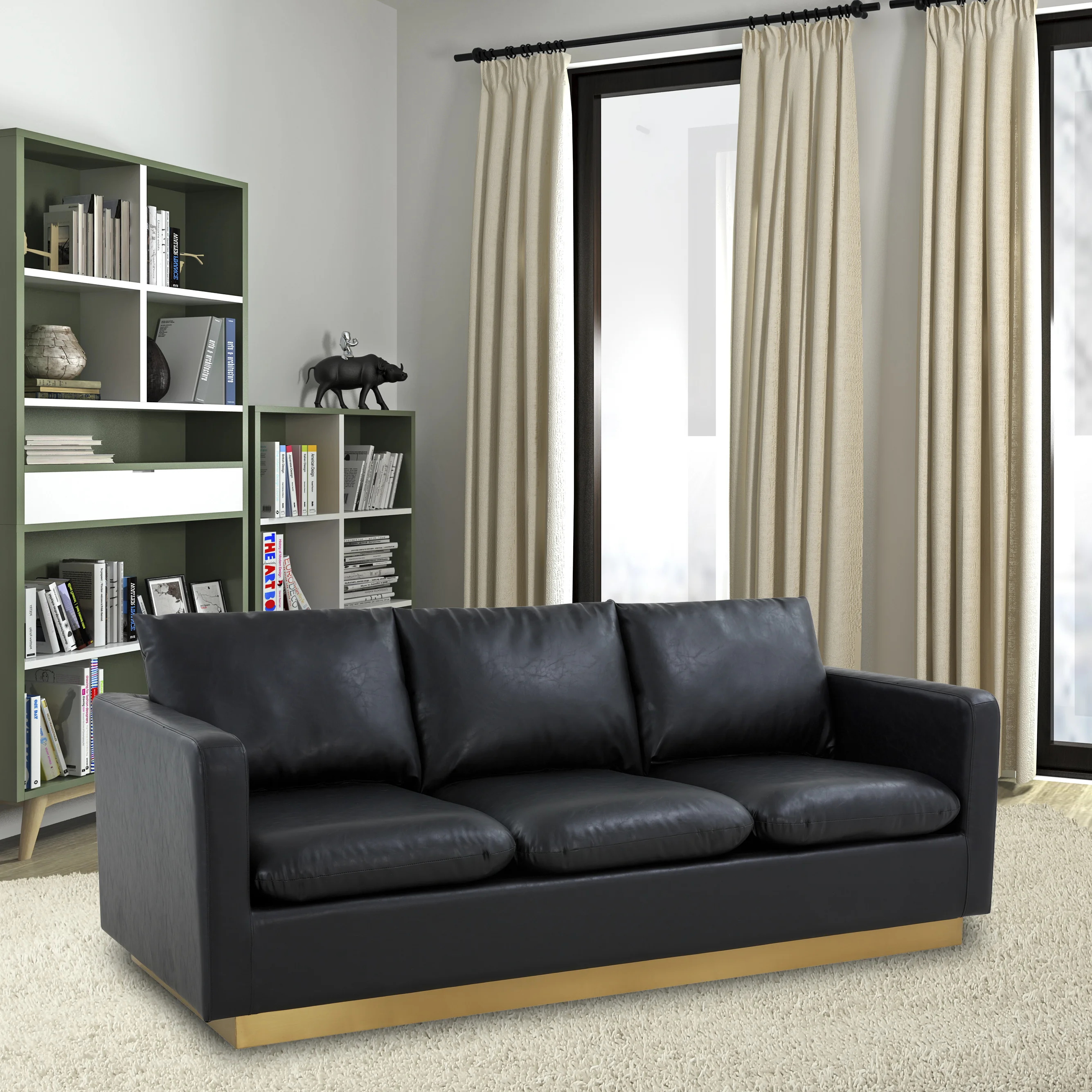 Nervo Modern Mid-Century Upholstered Leather Sofa with Gold Frame