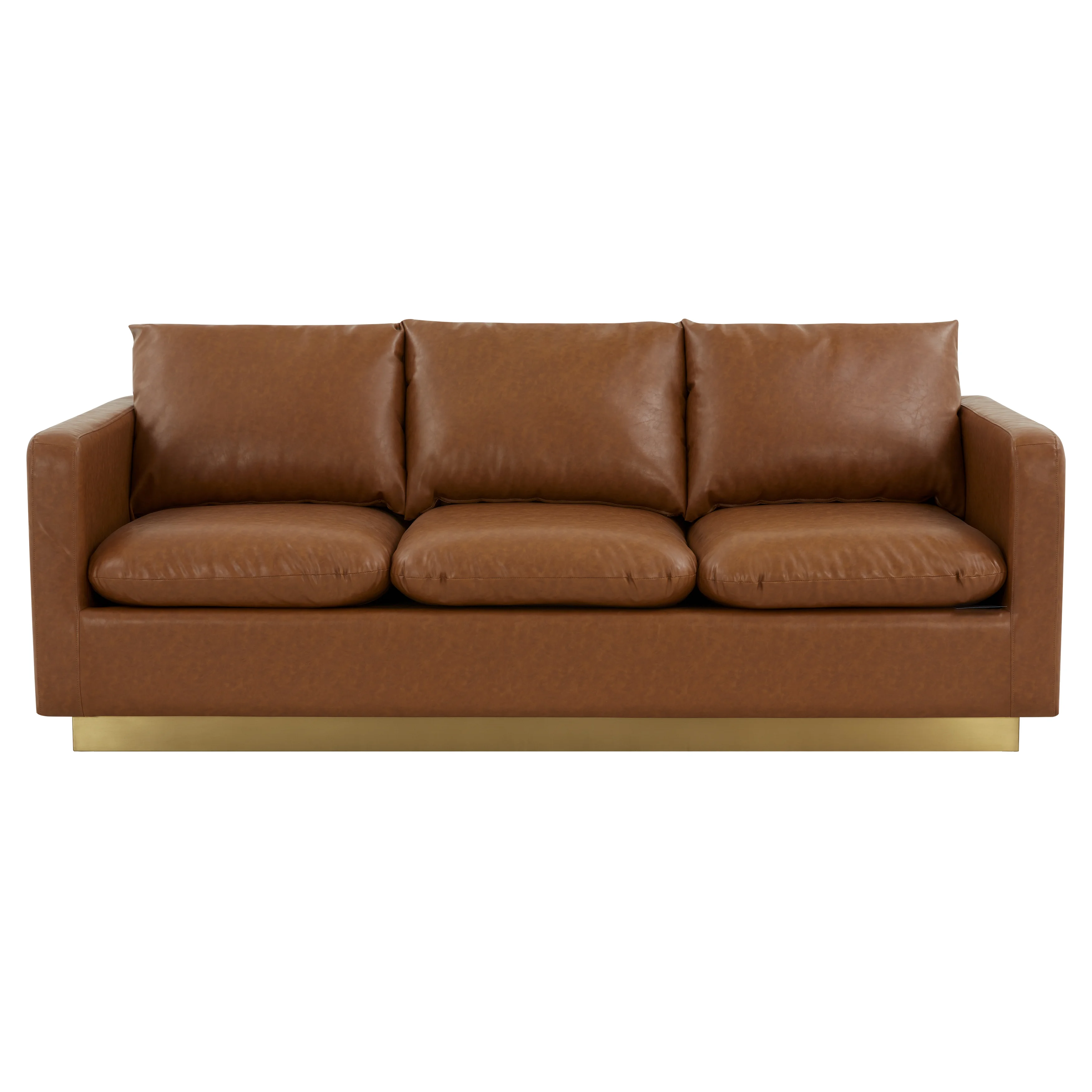 Nervo Modern Mid-Century Upholstered Leather Sofa with Gold Frame