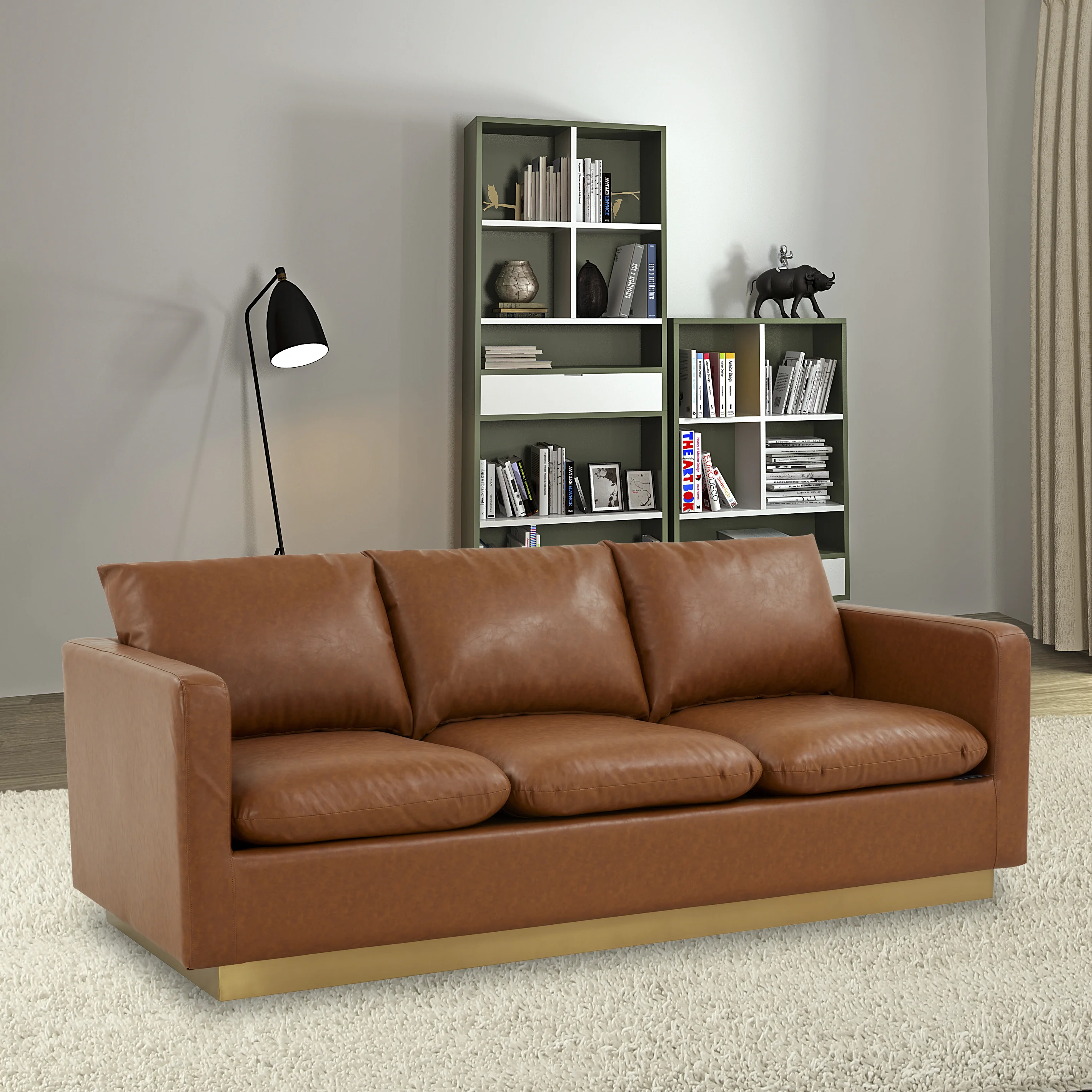 Nervo Modern Mid-Century Upholstered Leather Sofa with Gold Frame