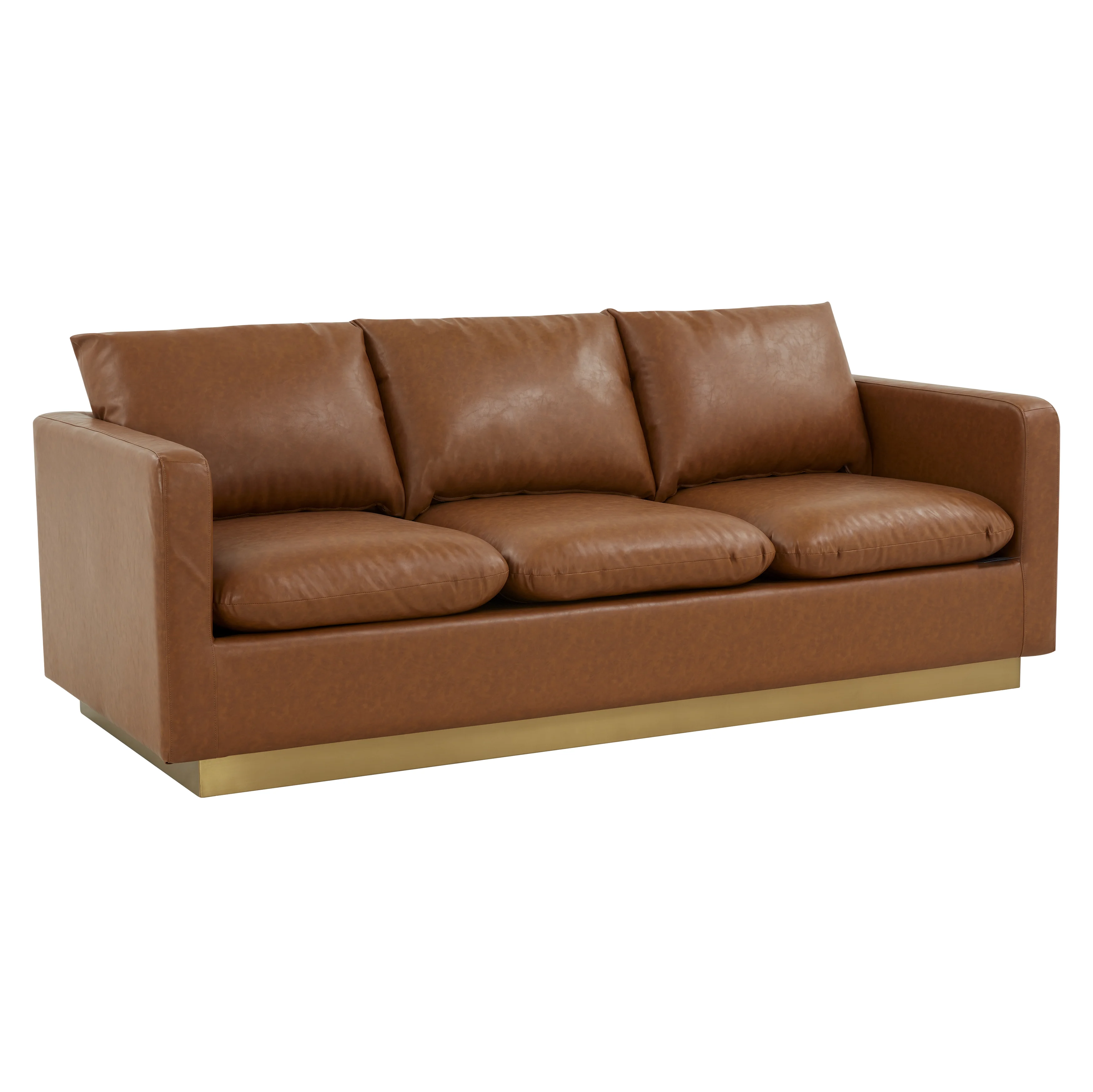 Nervo Modern Mid-Century Upholstered Leather Sofa with Gold Frame