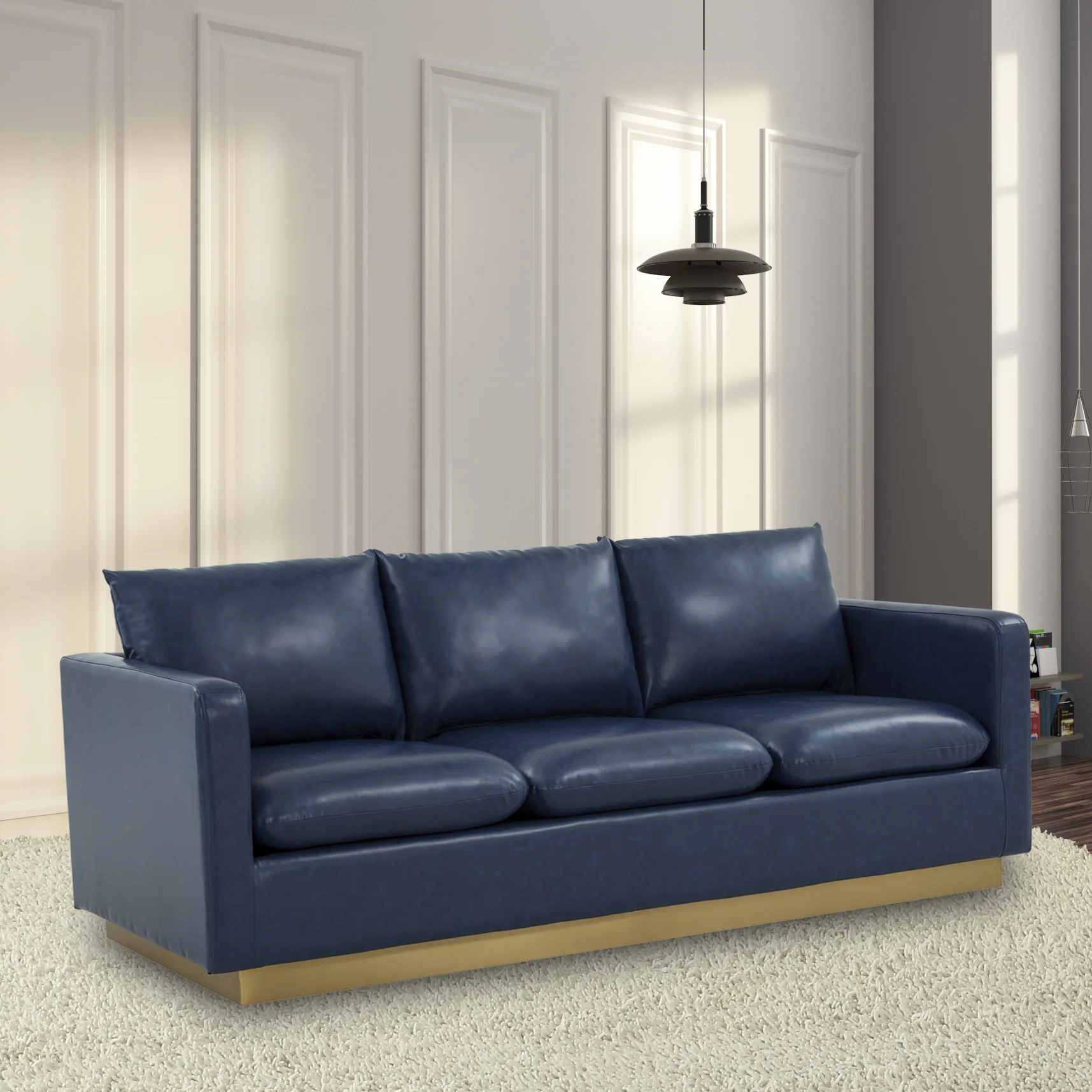 Nervo Modern Mid-Century Upholstered Leather Sofa with Gold Frame
