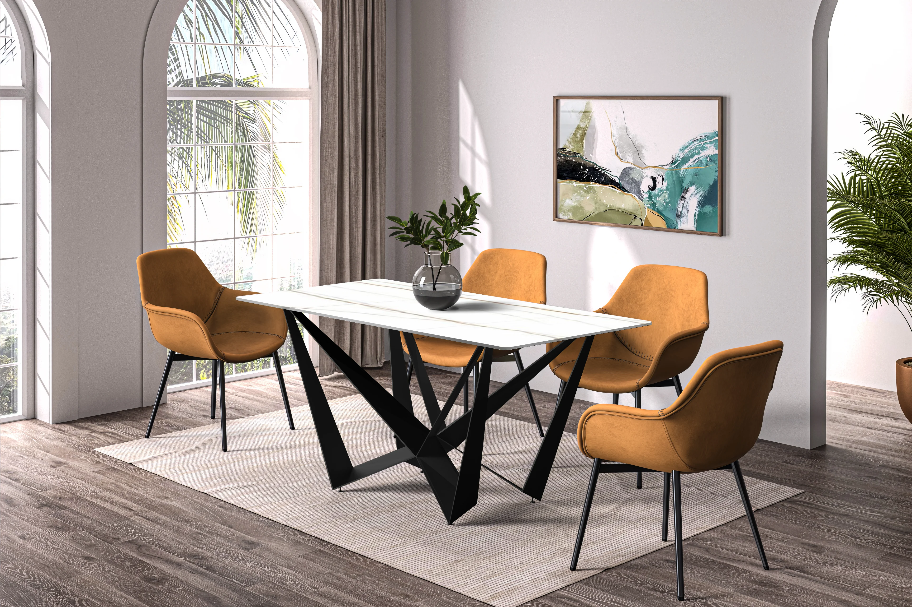 Nuvor Series Modern Dining Table Black Base, With 55 White/Gold Sintered Stone Top