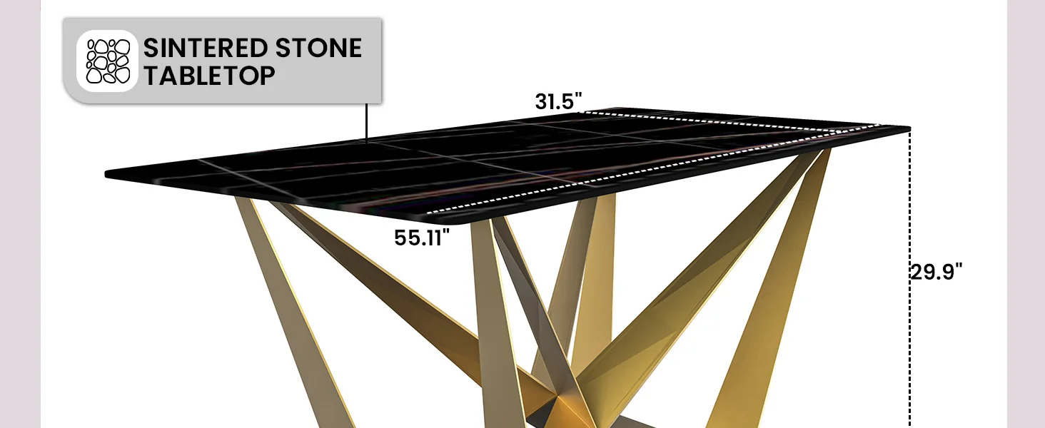 Nuvor Mid-Century Modern Dining Table with a 55 Rectangular Black/Gold Top and Gold Steel Base