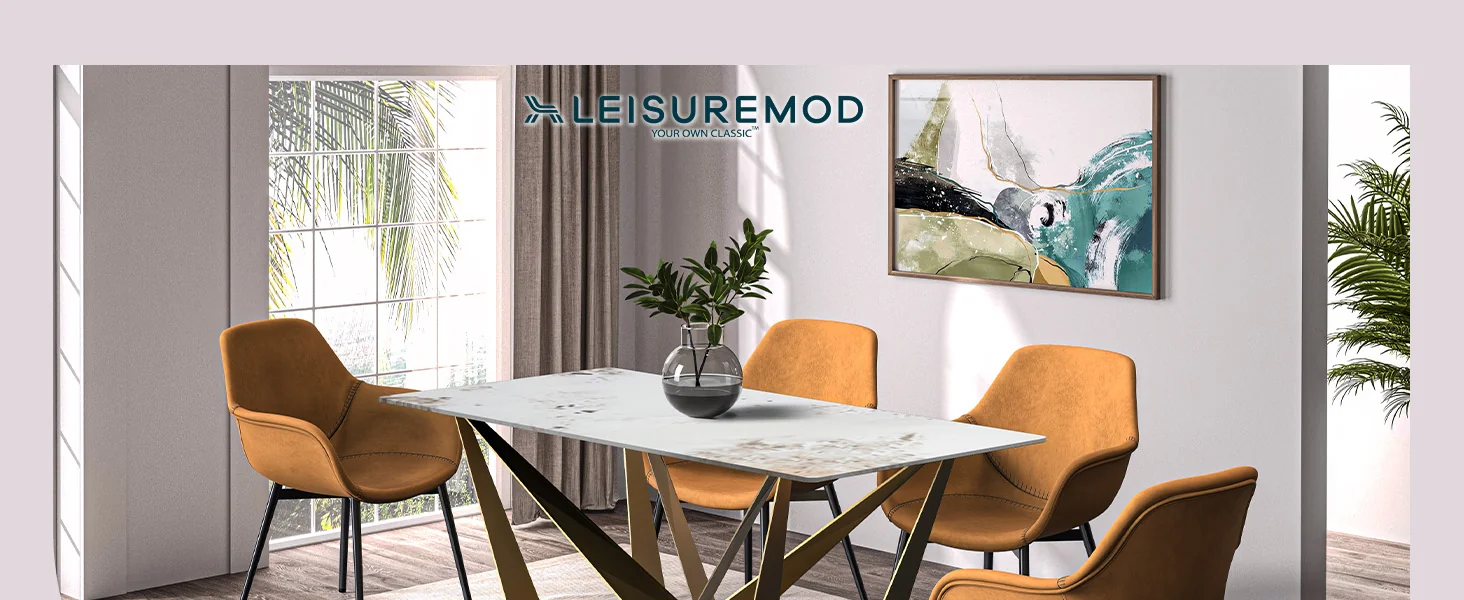 Nuvor Mid-Century Modern Dining Table with a 55 Rectangular White Grey Top and Gold Steel Base