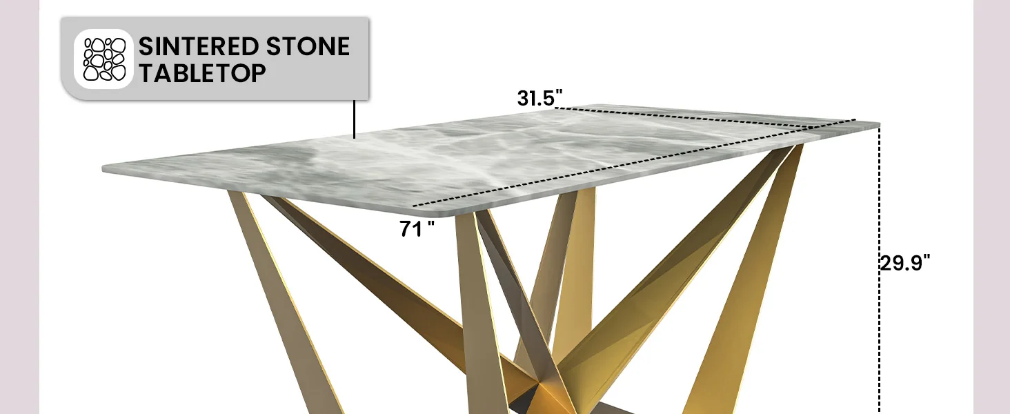 Nuvor Mid-Century Modern Dining Table with a 55 Rectangular Light Grey Top and Gold Steel Base