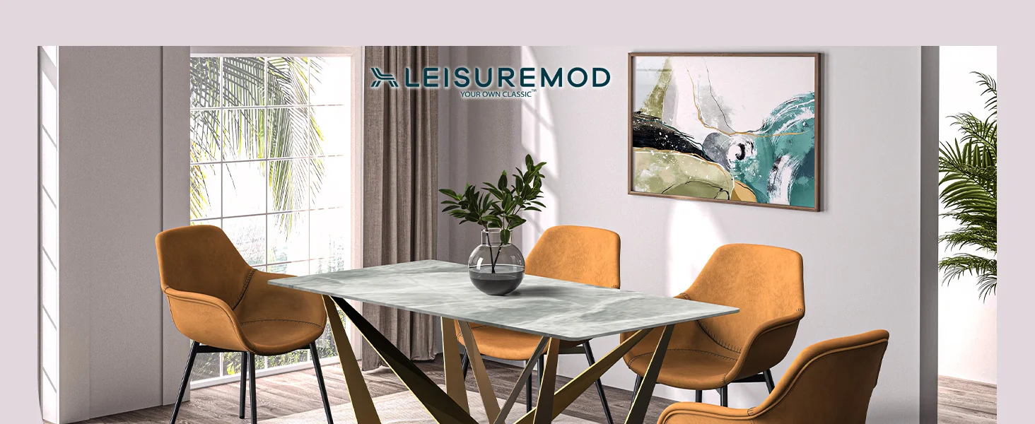 Nuvor Mid-Century Modern Dining Table with a 55 Rectangular Light Grey Top and Gold Steel Base