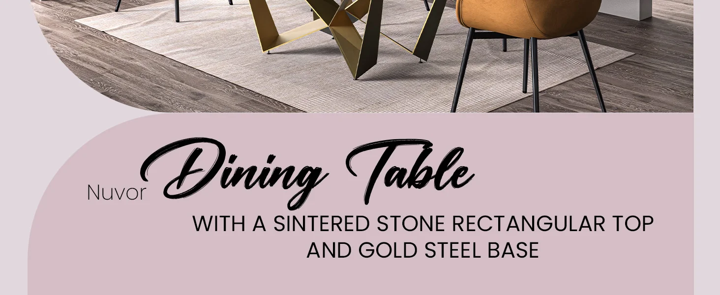 Nuvor Mid-Century Modern Dining Table with a 55 Rectangular White Top and Gold Steel Base