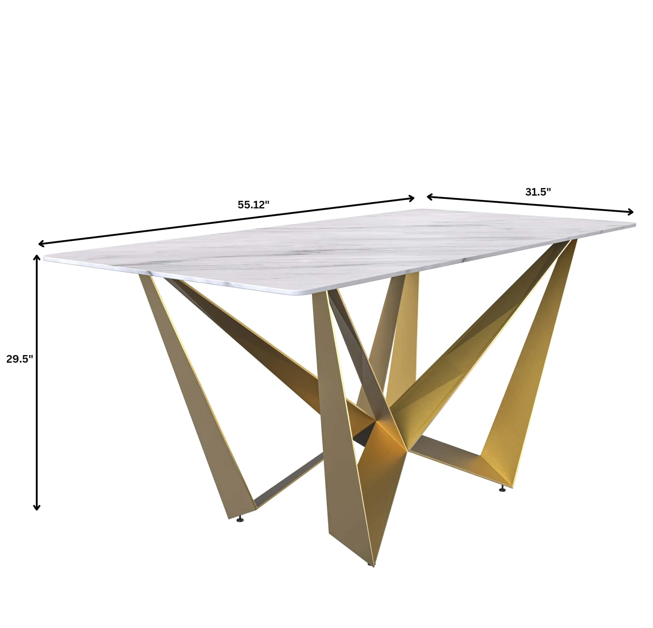 Nuvor Mid-Century Modern Dining Table with a 55 Rectangular White Top and Gold Steel Base