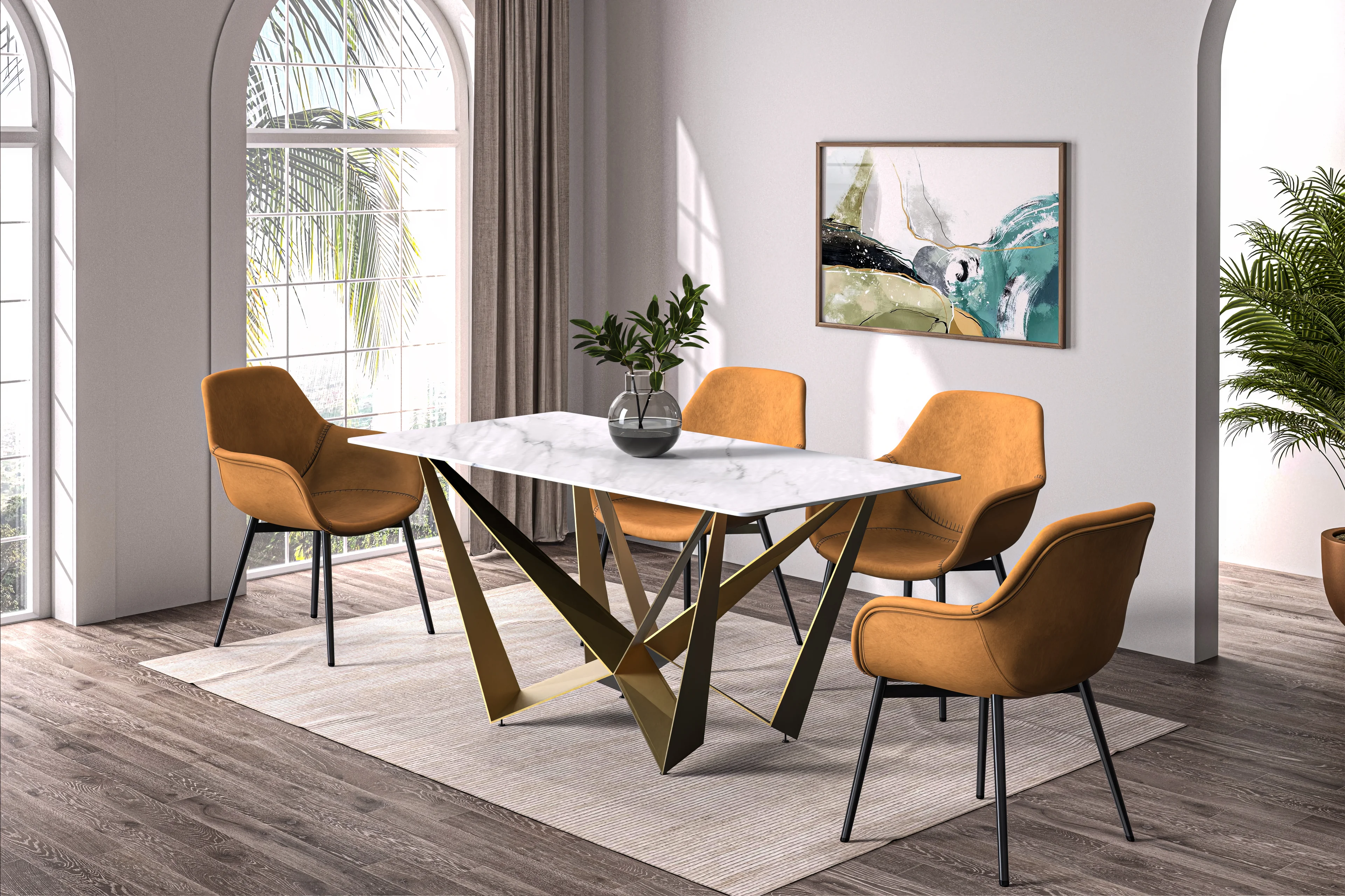 Nuvor Mid-Century Modern Dining Table with a 55 Rectangular White Top and Gold Steel Base