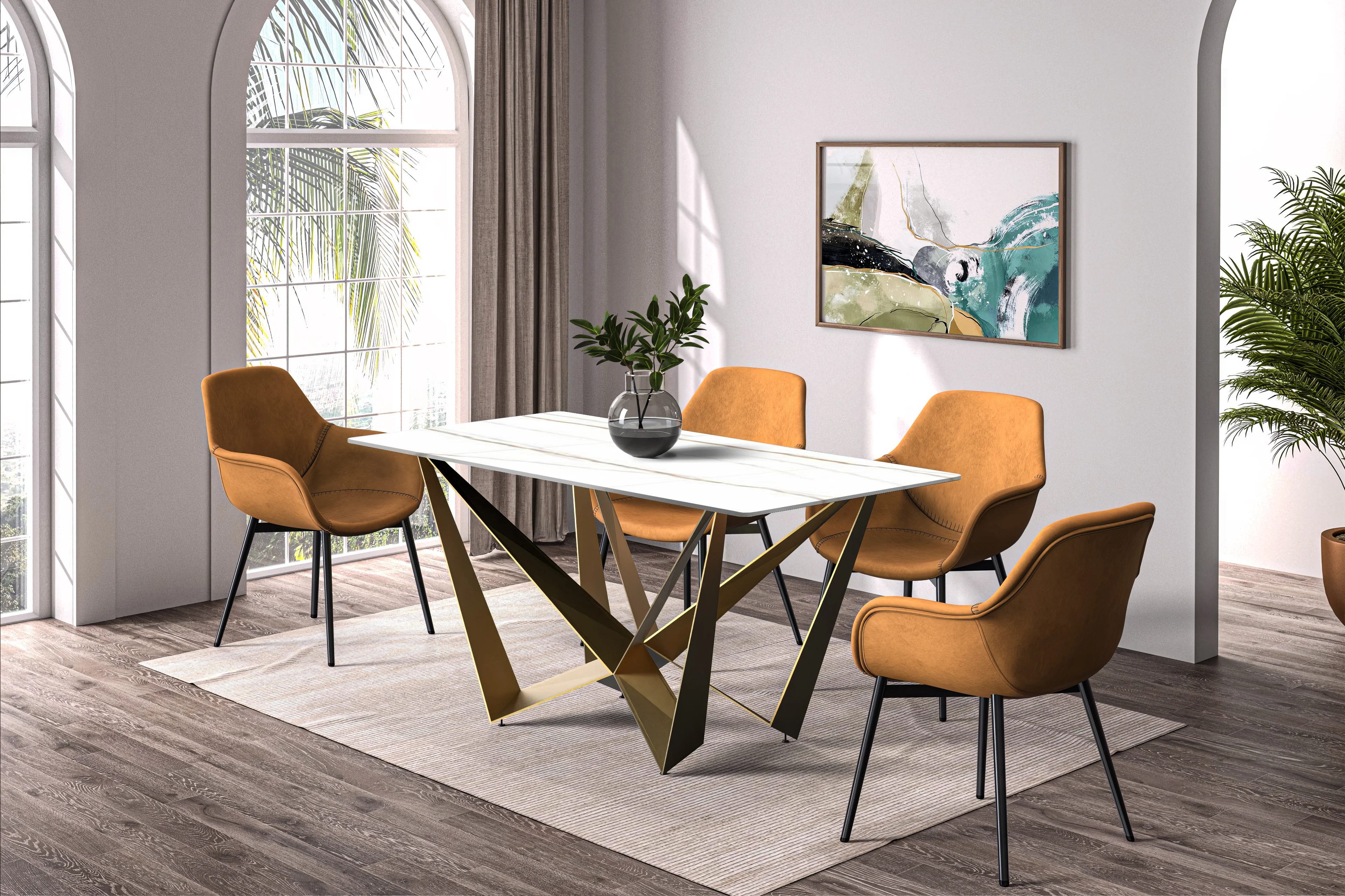 Nuvor Mid-Century Modern Dining Table with a 55 Rectangular White/Gold Top and Gold Steel Base