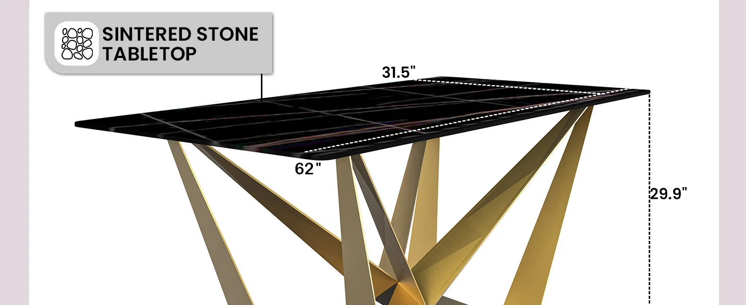 Nuvor Series Modern Dining Table Gold Base, With 62 Black/Gold Sintered Stone Top