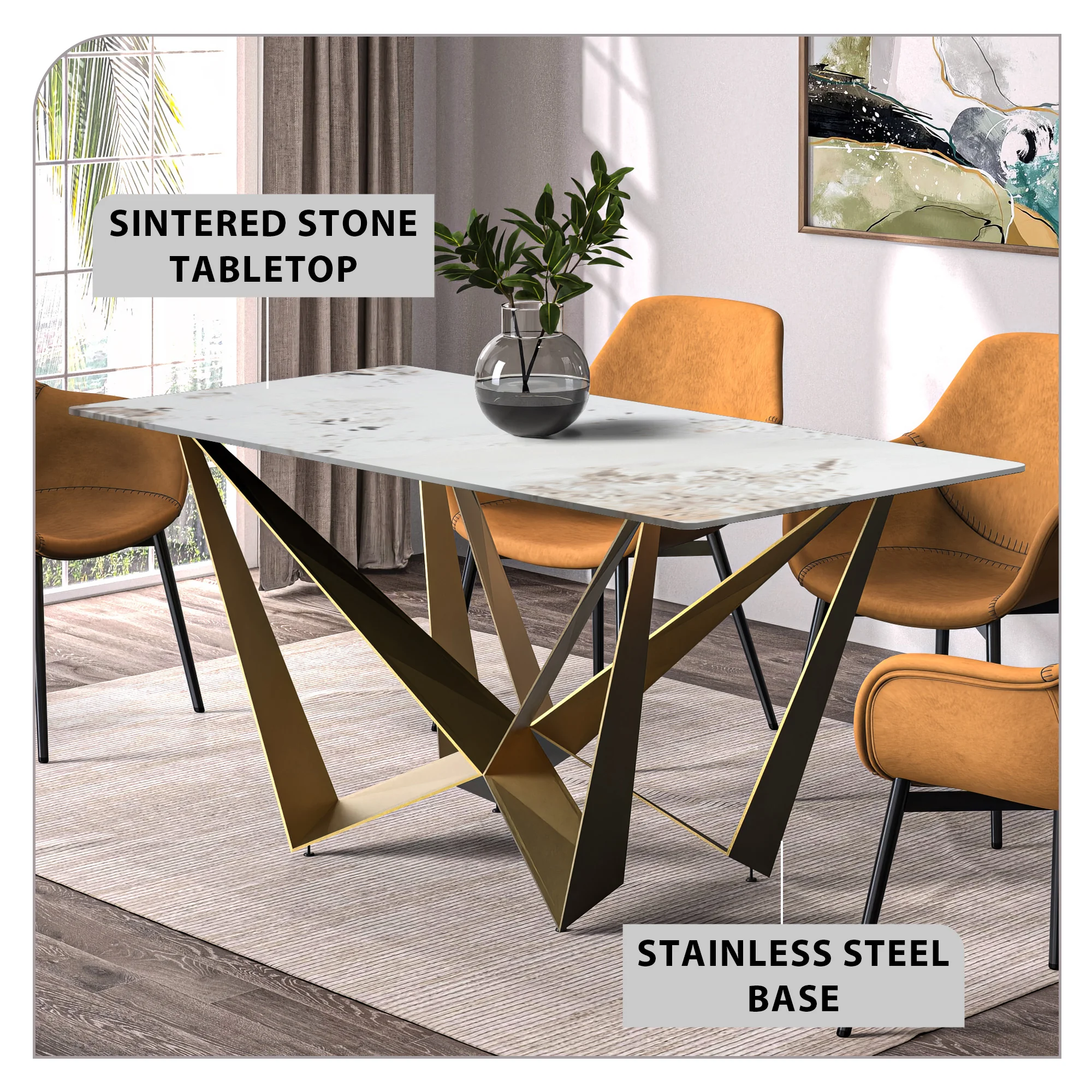 Nuvor Series Modern Dining Table Gold Base, With 62 White Grey Sintered Stone Top