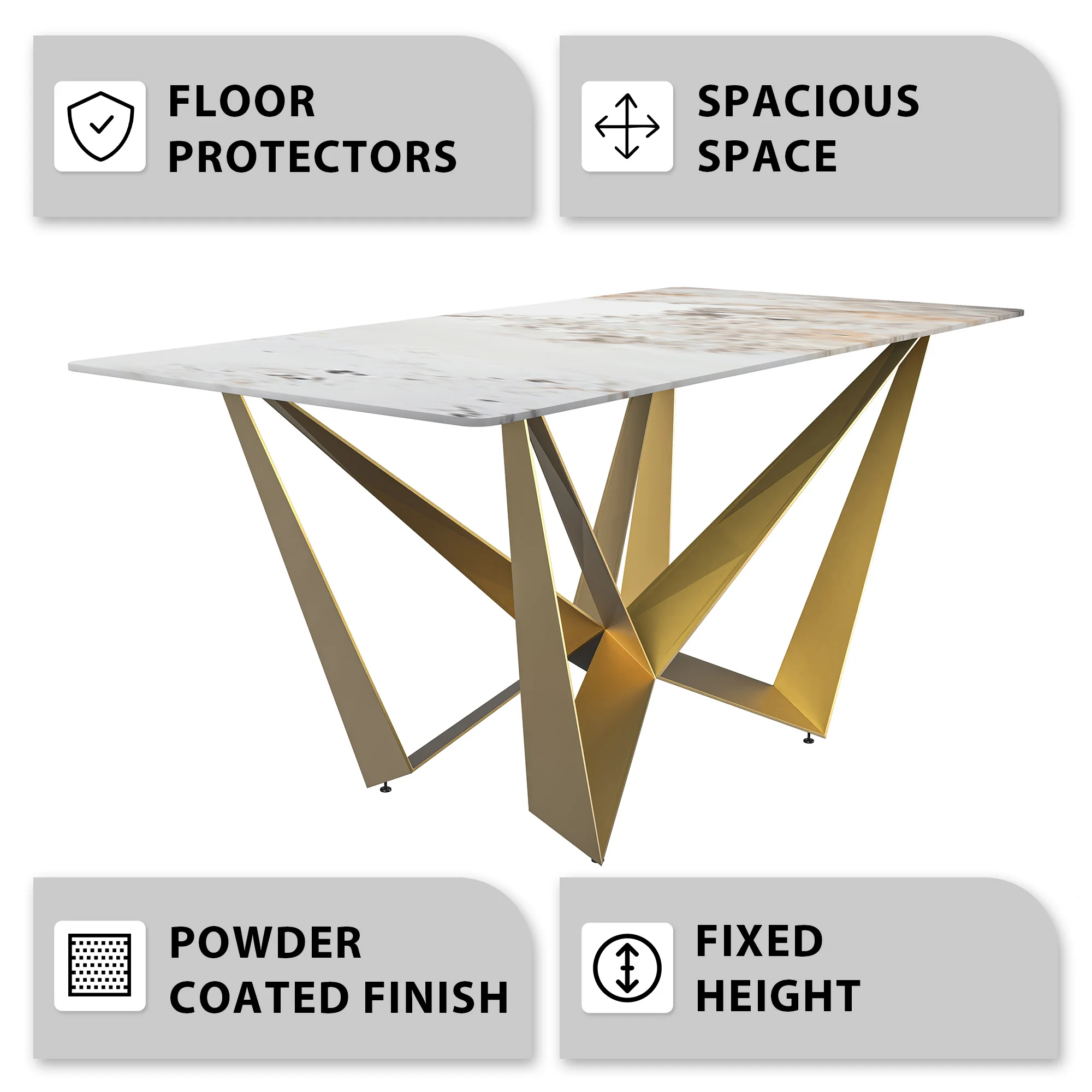 Nuvor Series Modern Dining Table Gold Base, With 62 White Grey Sintered Stone Top