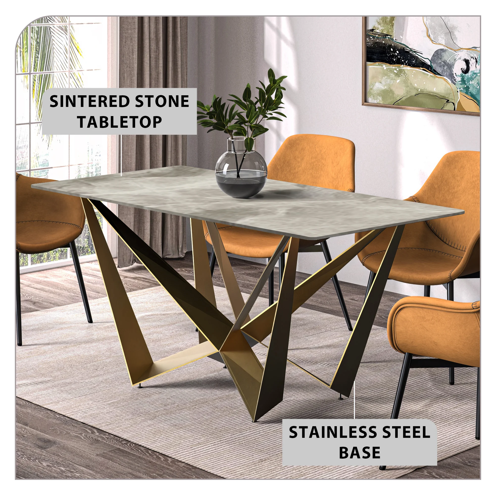 Nuvor Series Modern Dining Table Gold Base, With 62 Deep Grey Sintered Stone Top