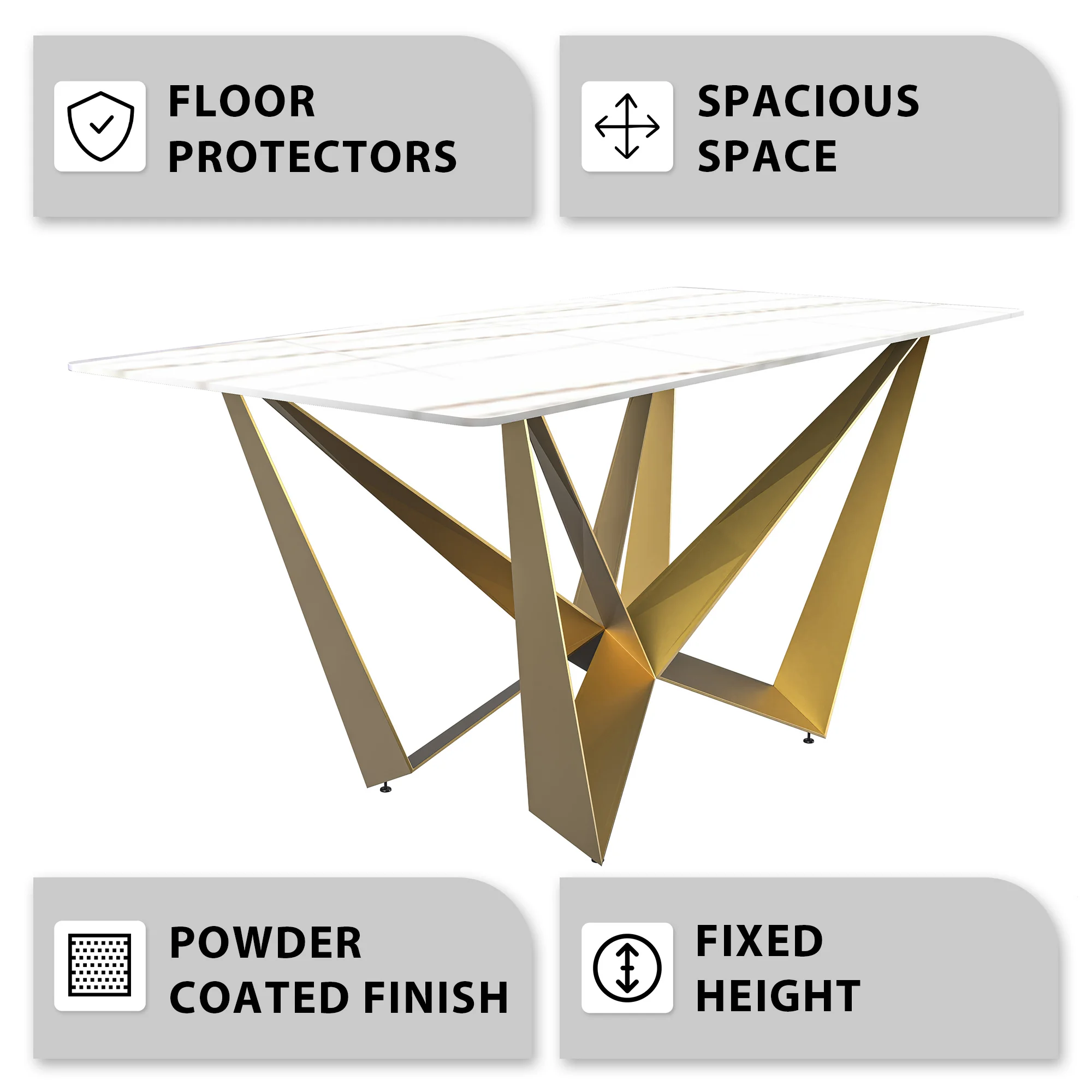 Nuvor Series Modern Dining Table Gold Base, With 62 White/Gold Sintered Stone Top