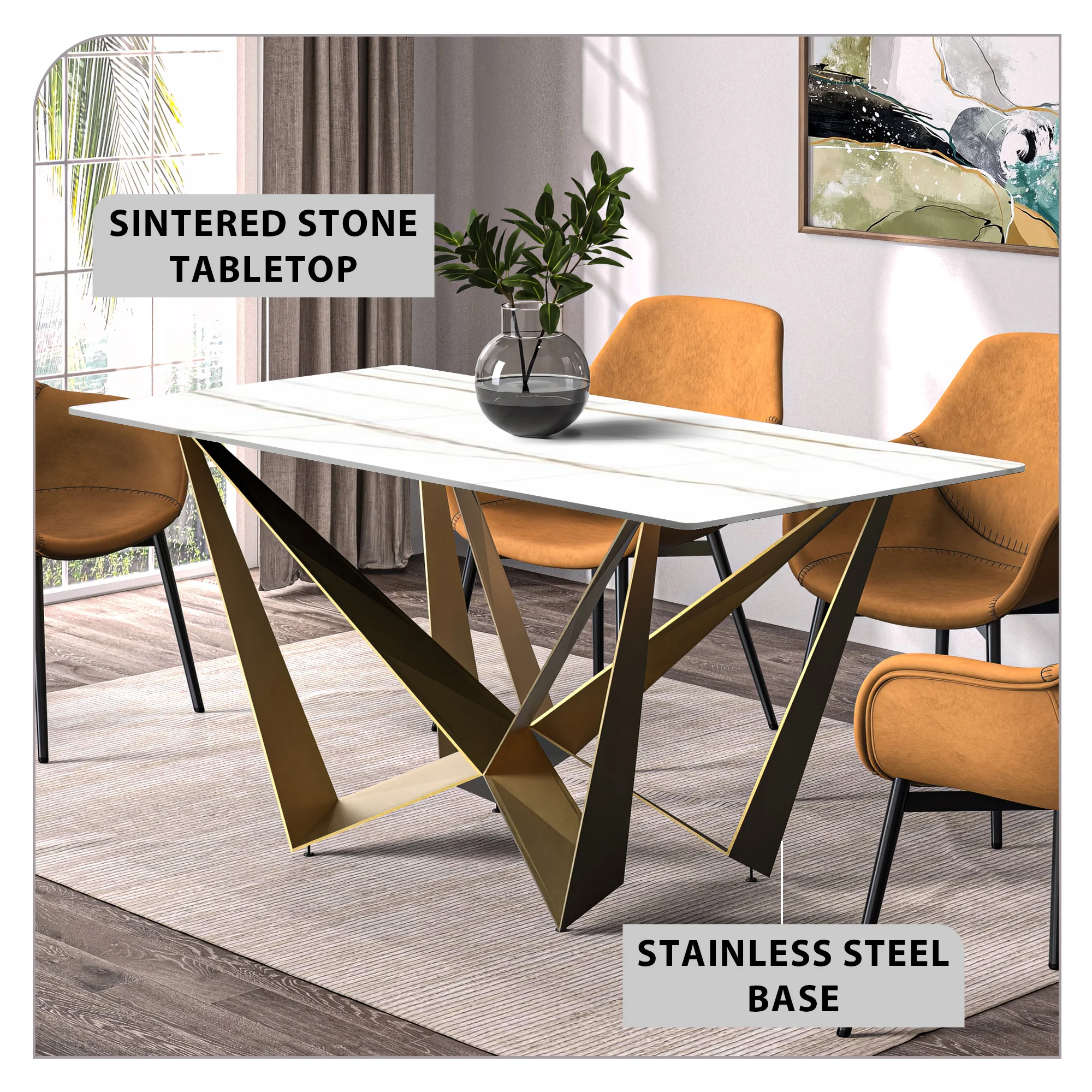 Nuvor Series Modern Dining Table Gold Base, With 62 White/Gold Sintered Stone Top