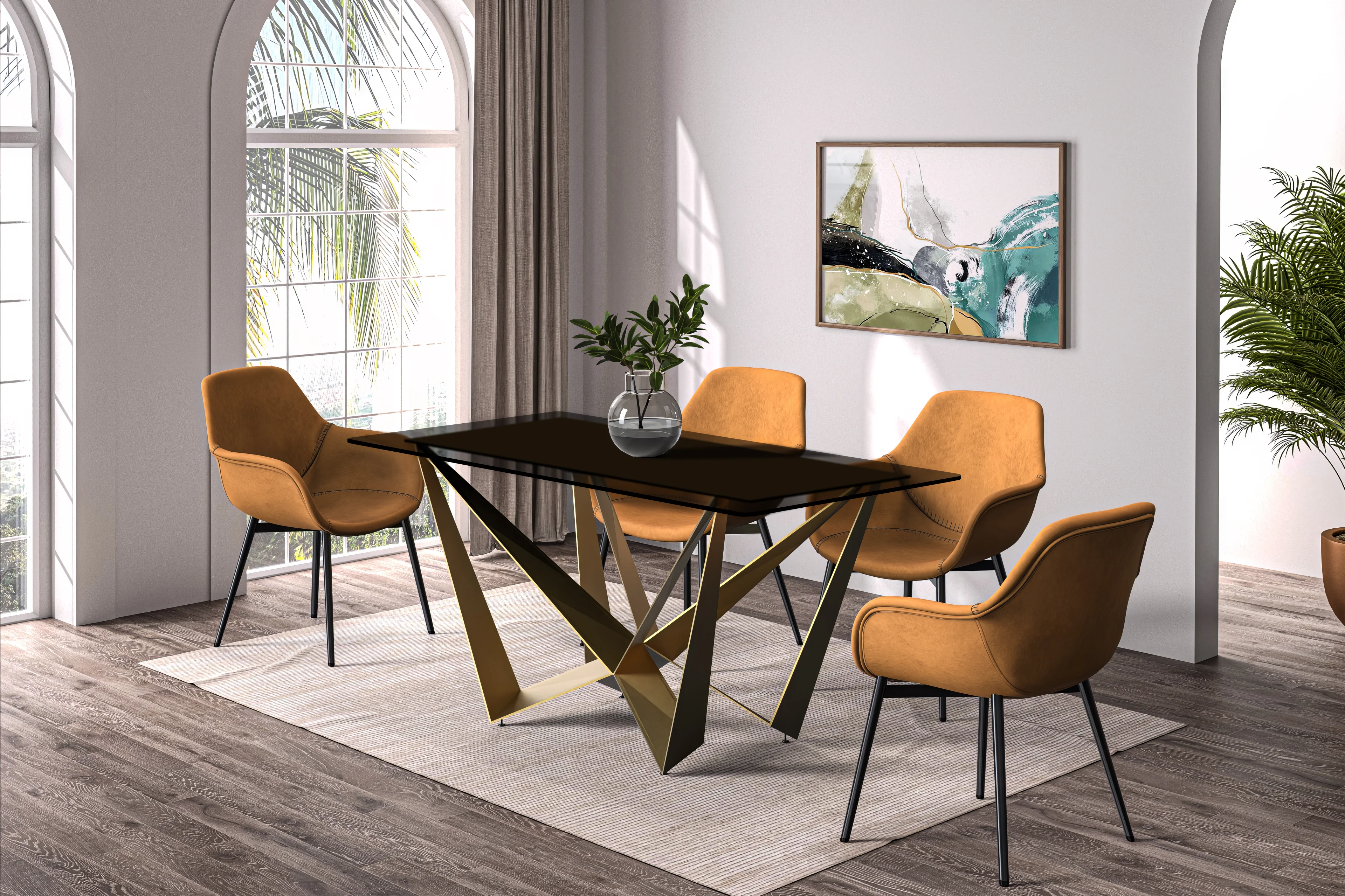Nuvor Series Modern Dining Table Gold Base, With 71 Black Glass Top