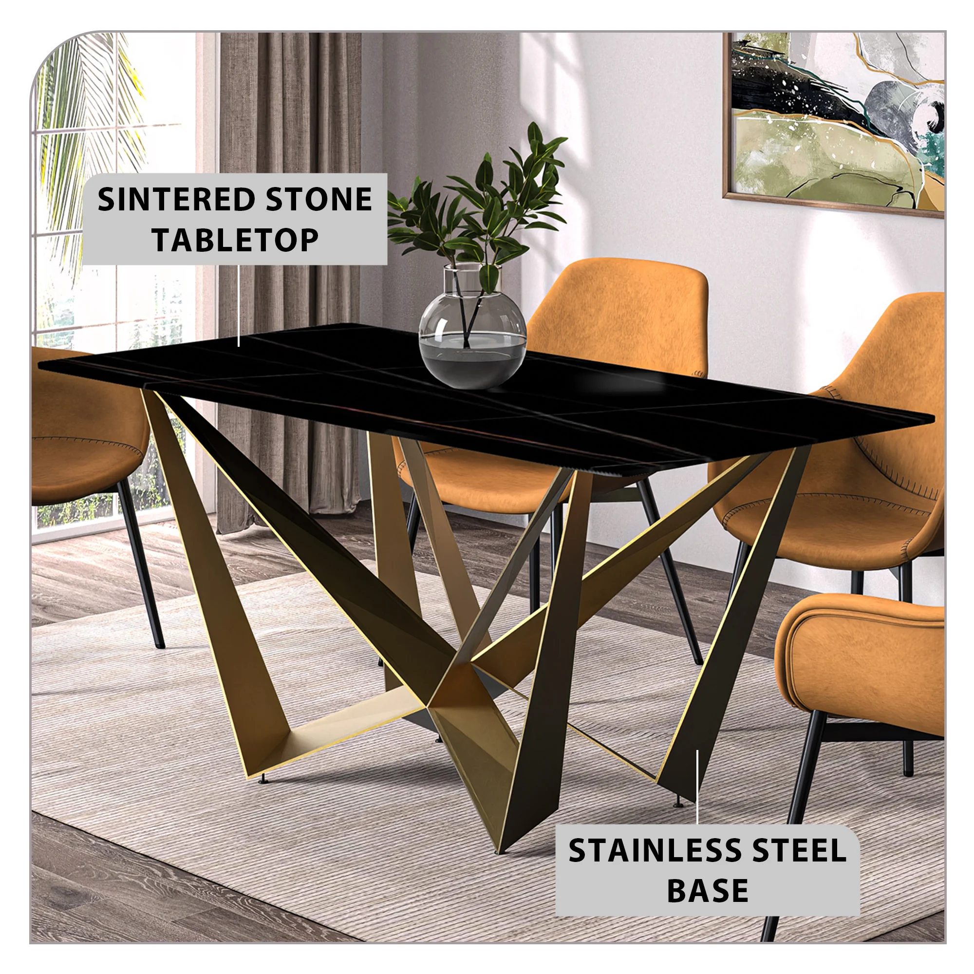 Nuvor Series Modern Dining Table Gold Base, With 71 Black/Gold Sintered Stone Top