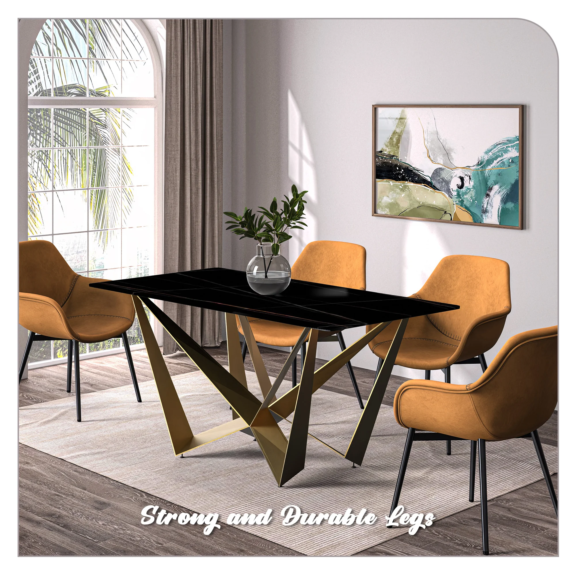 Nuvor Series Modern Dining Table Gold Base, With 71 Black/Gold Sintered Stone Top