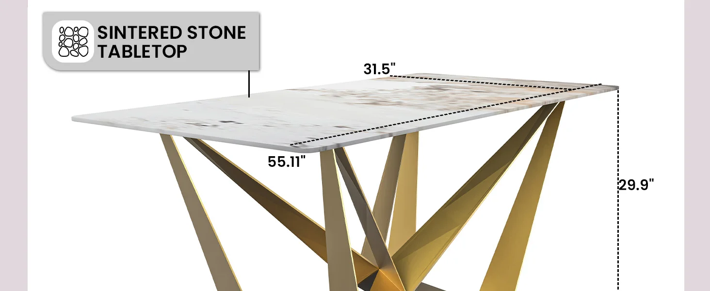 Nuvor Series Modern Dining Table Gold Base, With 71 White Grey Sintered Stone Top