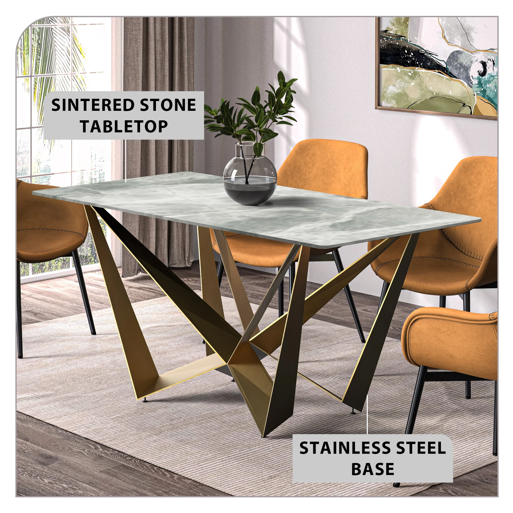Nuvor Series Modern Dining Table Gold Base, With 71 Light Grey Sintered Stone Top
