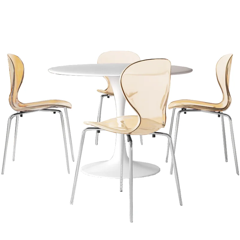 5-Piece Dining Set Round White MDF Dining Table and 4 Plastic Dining Chairs with Chrome Legs