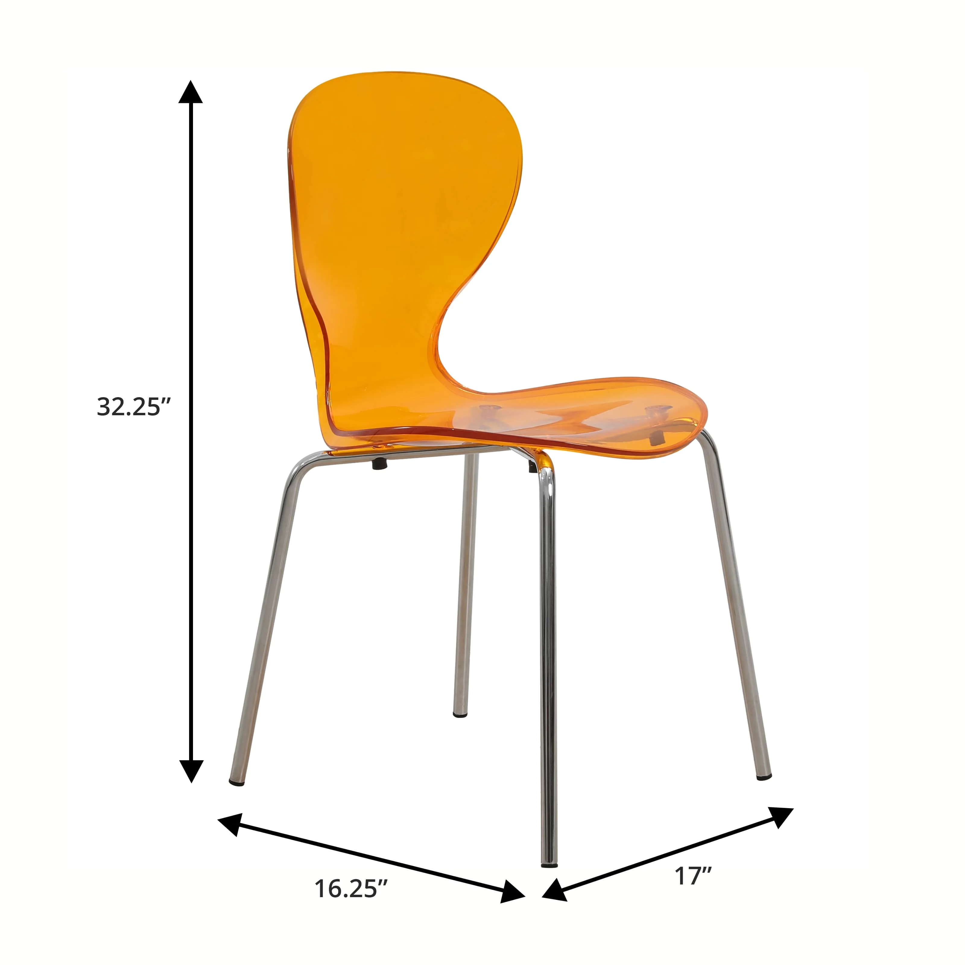 Modern Oyster Side Chair in Transparent Orange with Chromed Base Set of 2