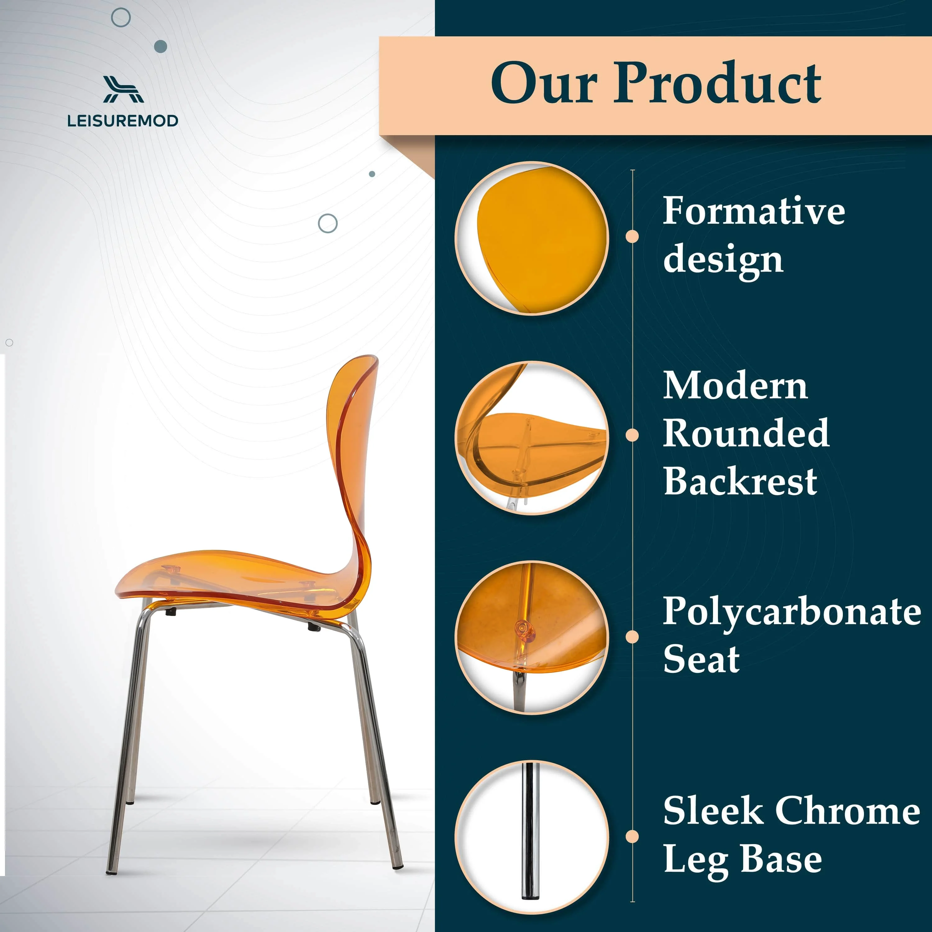 Modern Oyster Side Chair in Transparent Orange with Chromed Base Set of 4